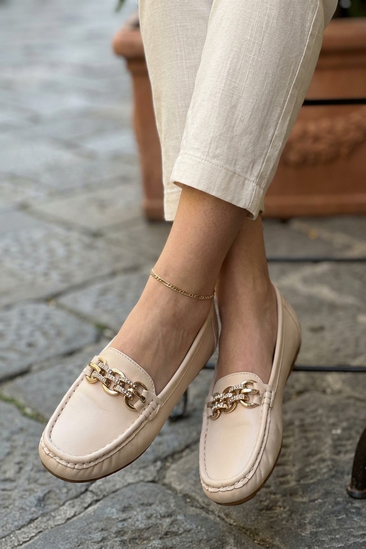 Beige iKrush Beige Olivia Womens Rhinestone Chain Loafers, Image 3 of 6