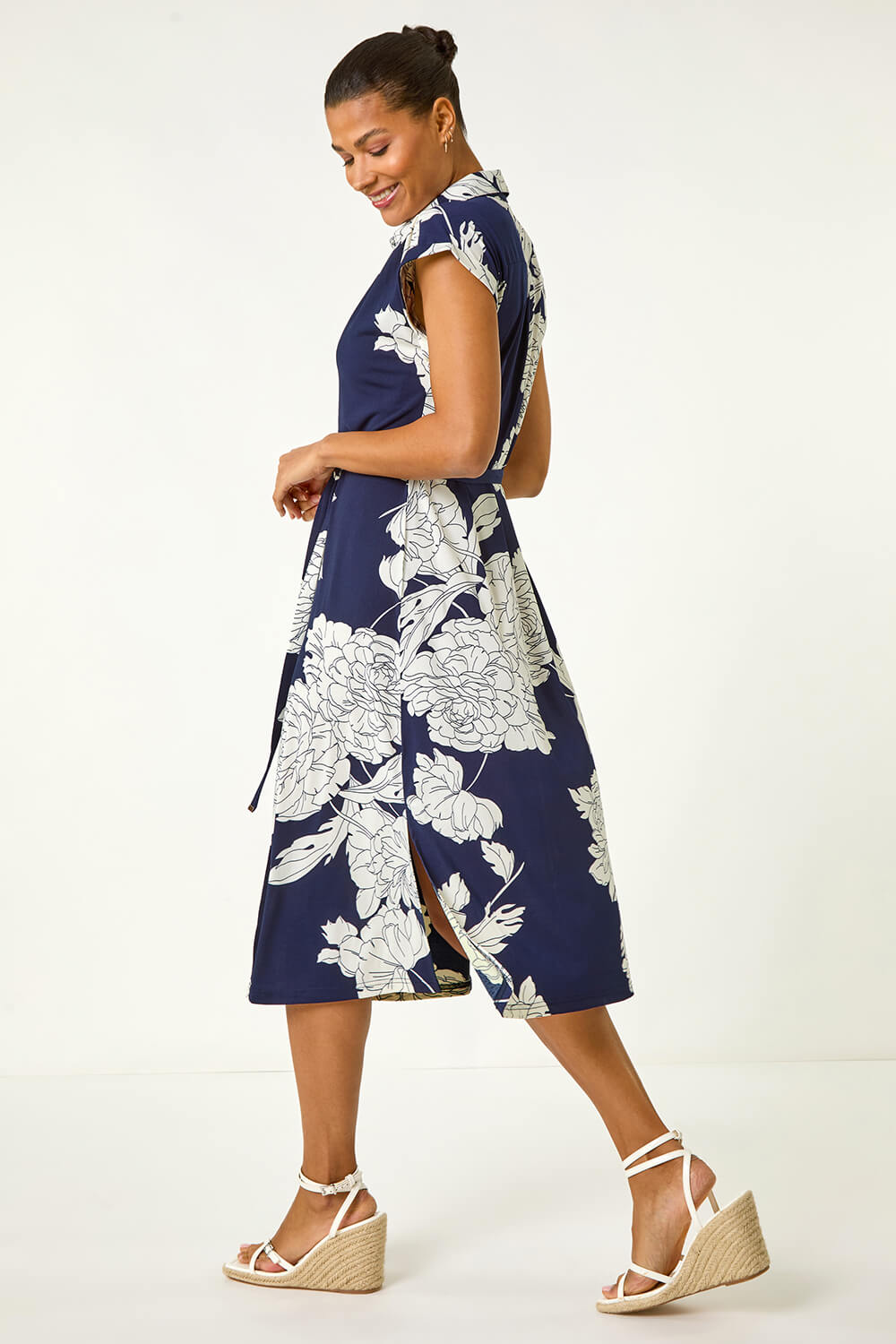 Navy Floral Print Stretch Shirt Dress, Image 4 of 5