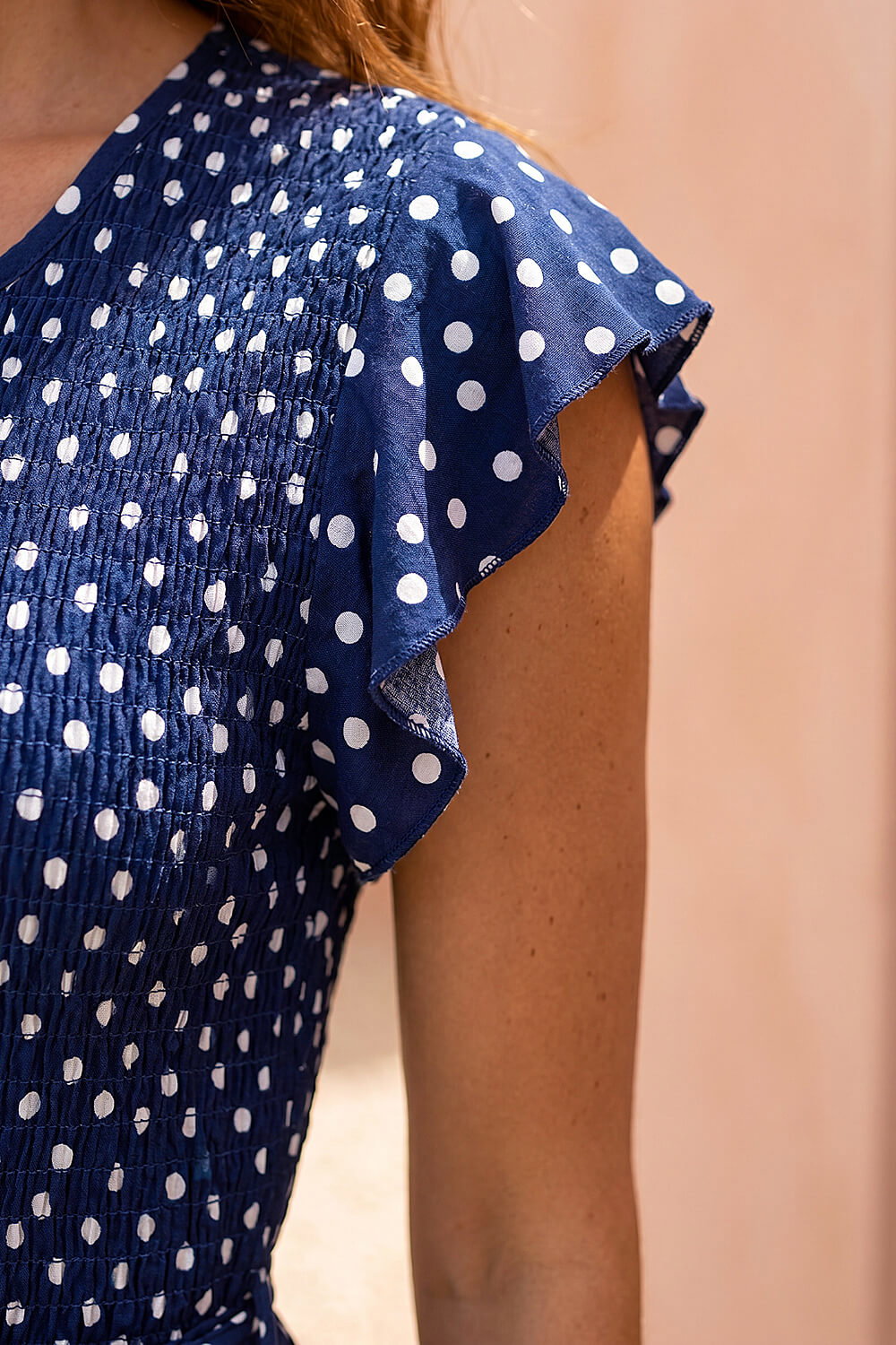 Navy Polka Dot Shirred Pocket Jumpsuit, Image 5 of 4