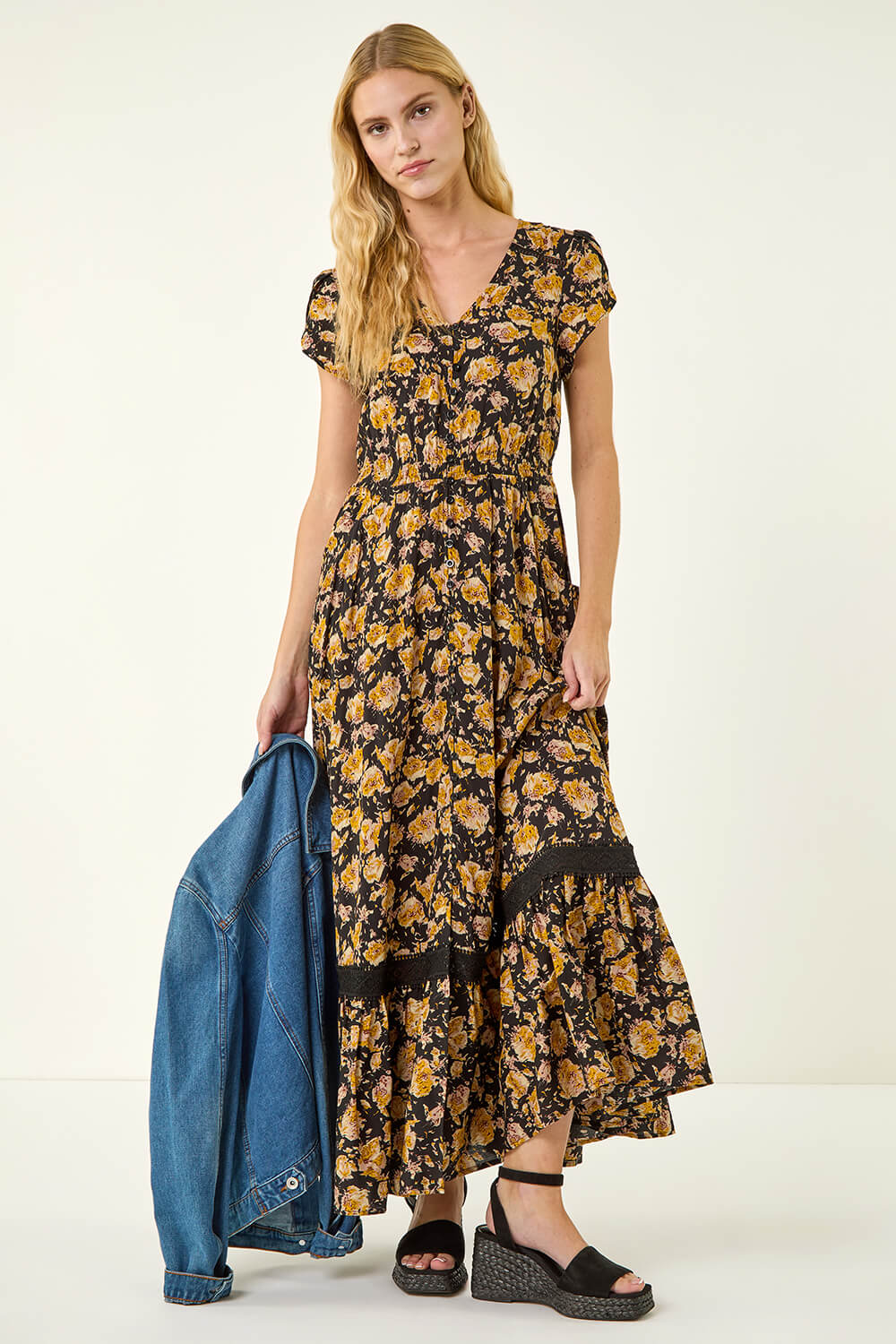 Yellow Floral Buttoned Maxi Dress, Image 4 of 5