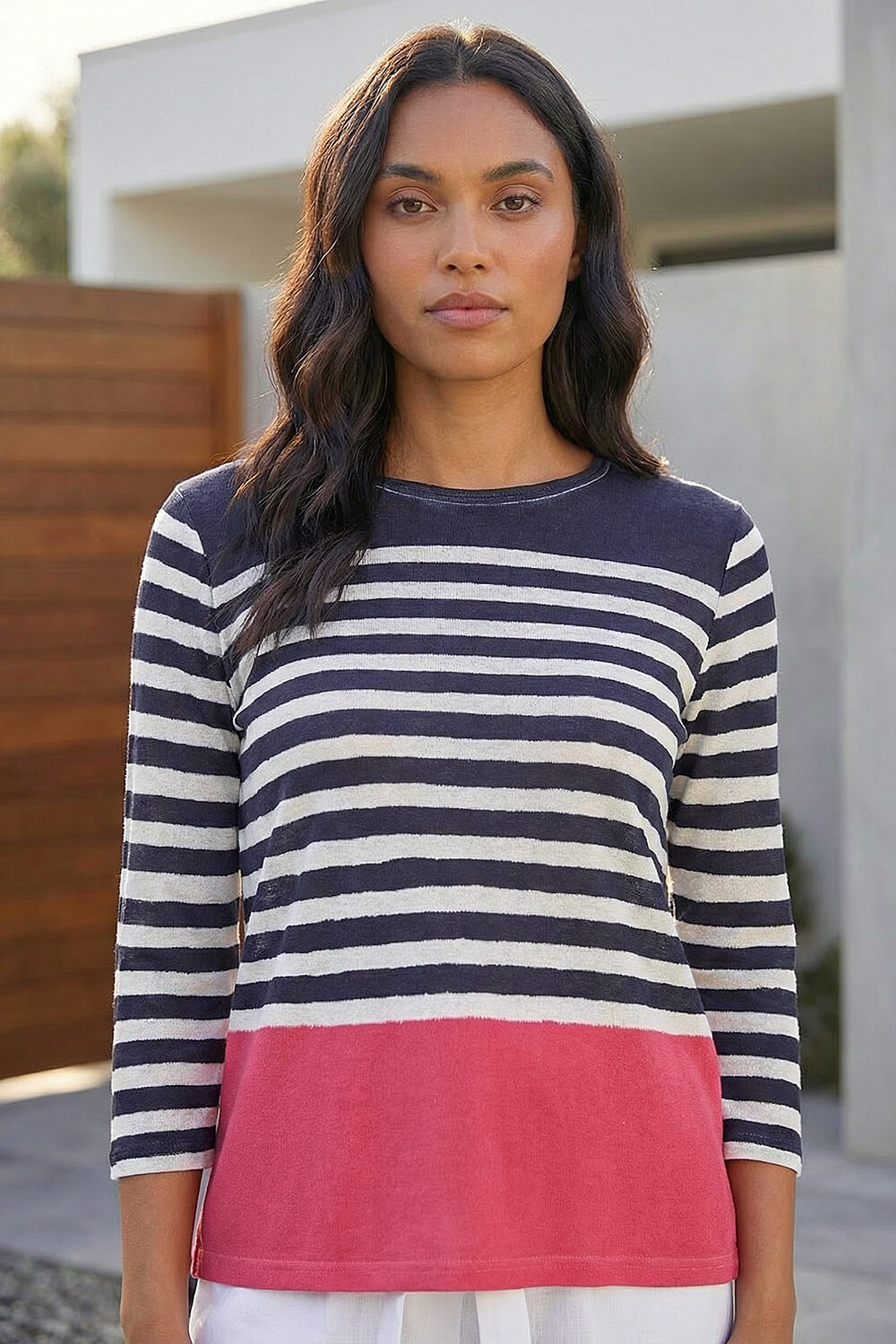 Navy Contrasting Stripe Print Top, Image 1 of 4