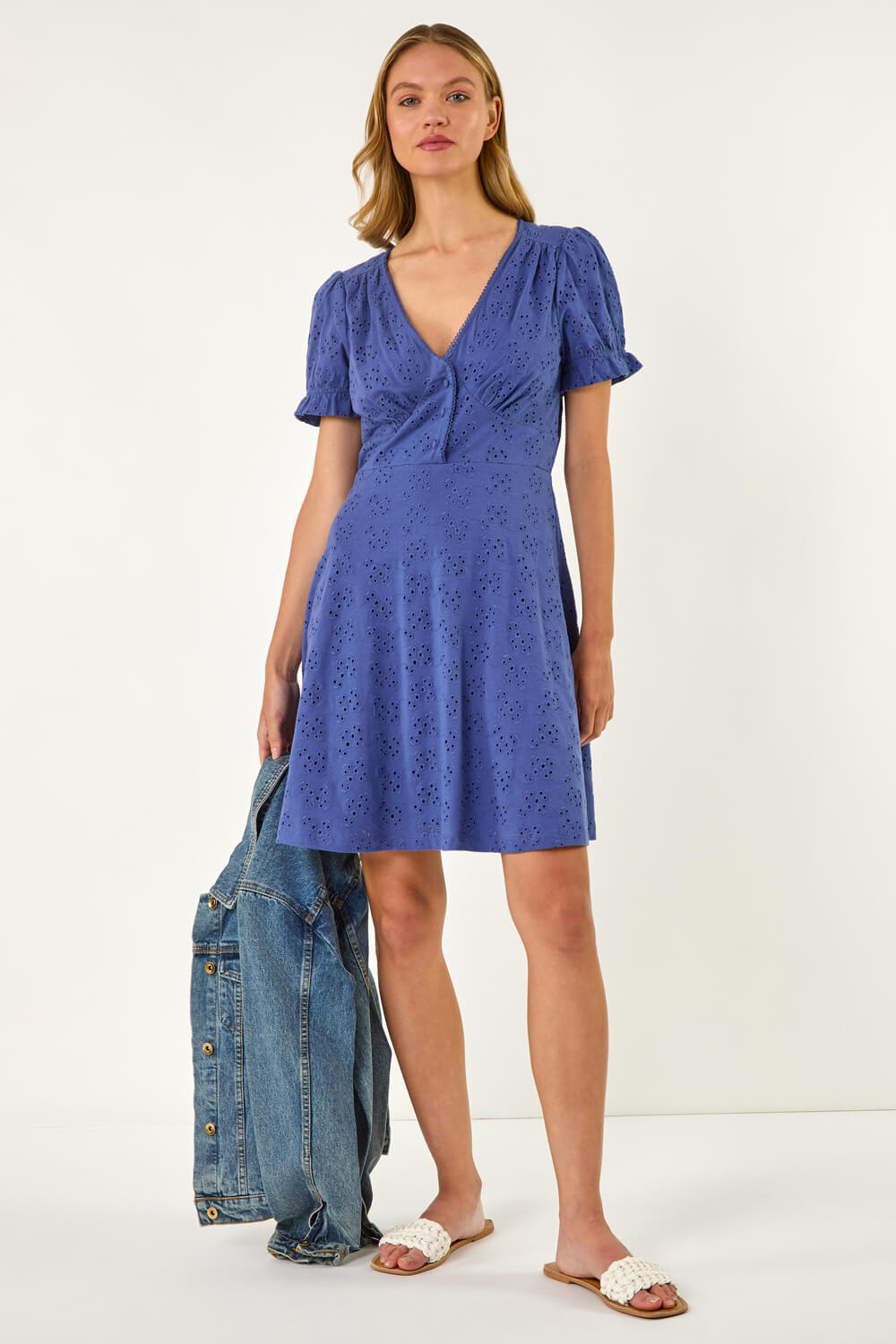 Denim Broderie Cotton Stretch Frill Dress, Image 3 of 6