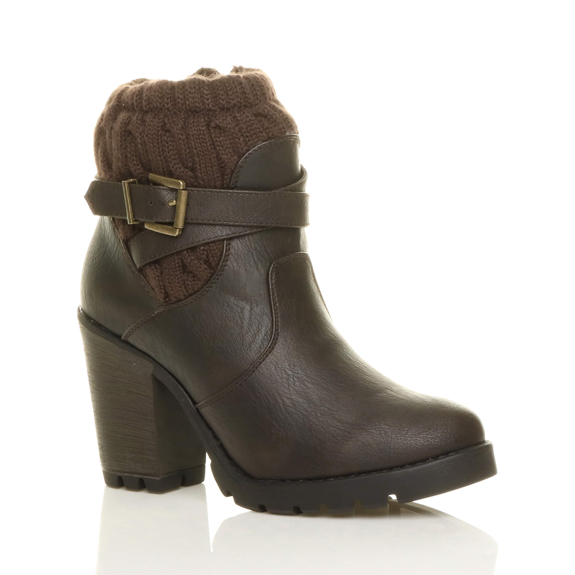 Black High Block Heel Knitted Collar Biker Ankle Boots