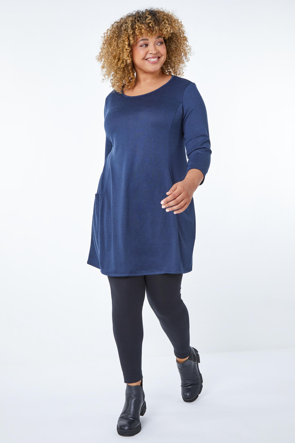 Navy Curve Pocket Detail Tunic Top, Image 1 of 5