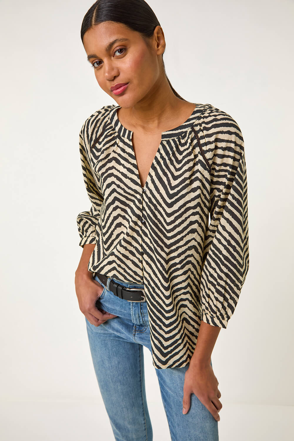Black Linear Print V-Neck Blouse, Image 1 of 5