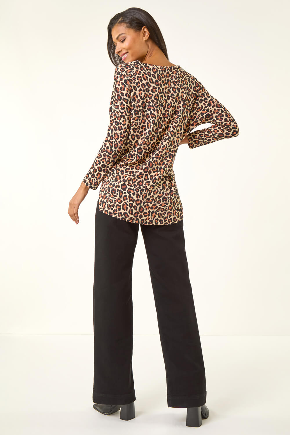 Natural Animal Print V-Neck Tunic Stretch Top, Image 4 of 5