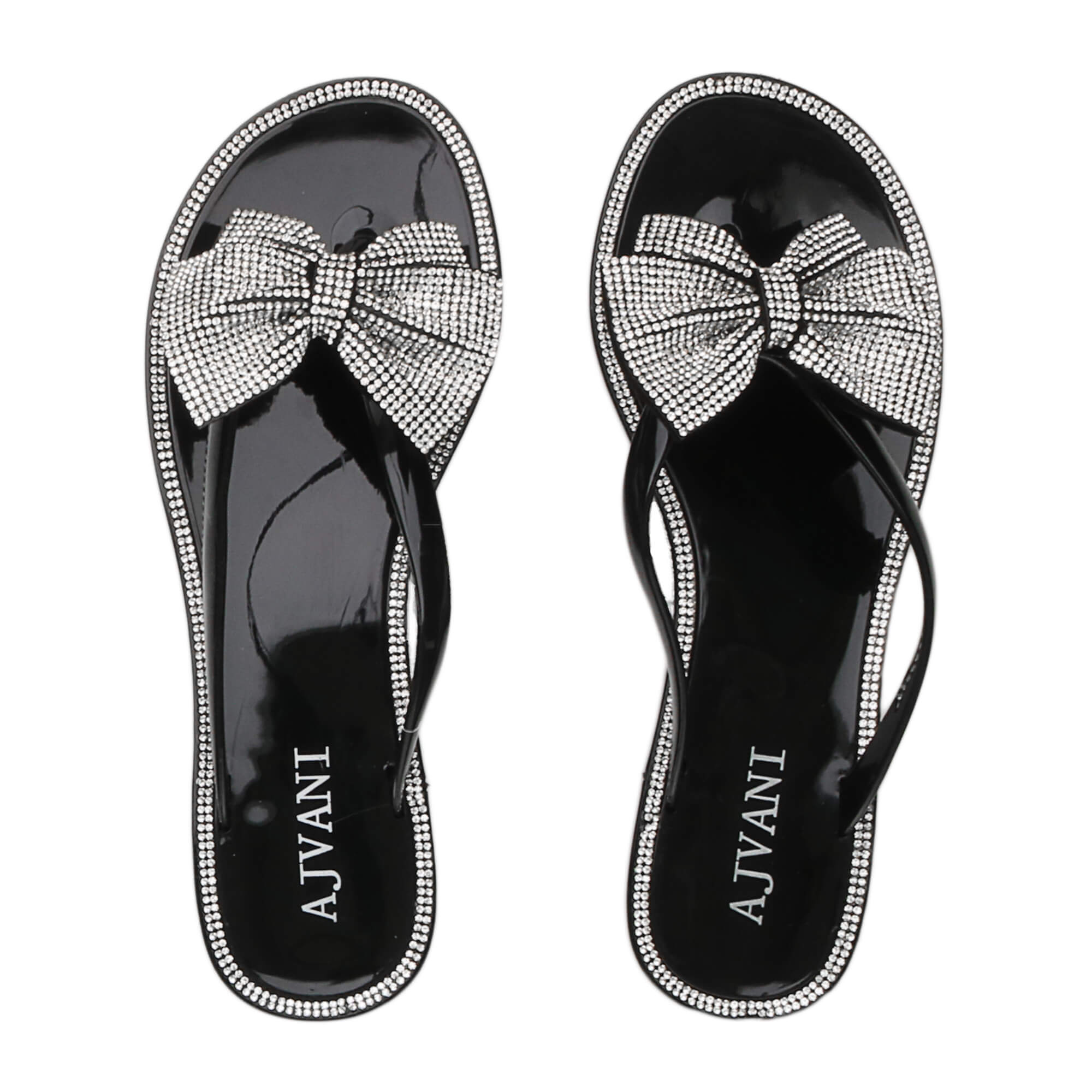 Black Diamante Bow Toe Post Jelly Sandals Flip Flops, Image 1 of 6