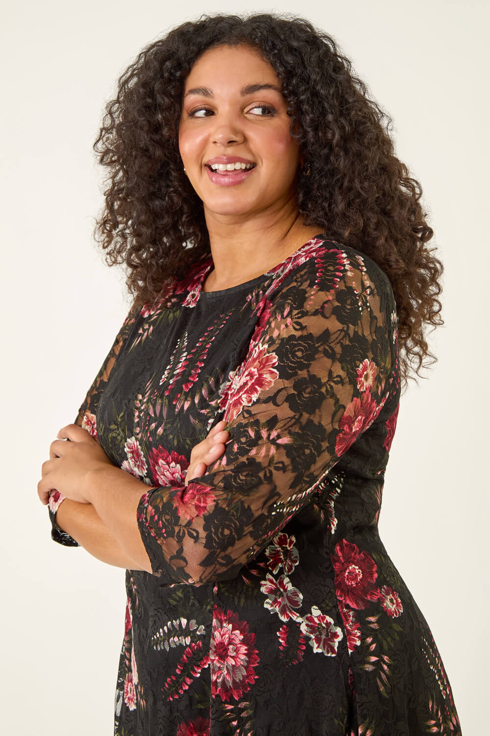 Red Curve Floral Print Lace Dress, Image 5 of 5