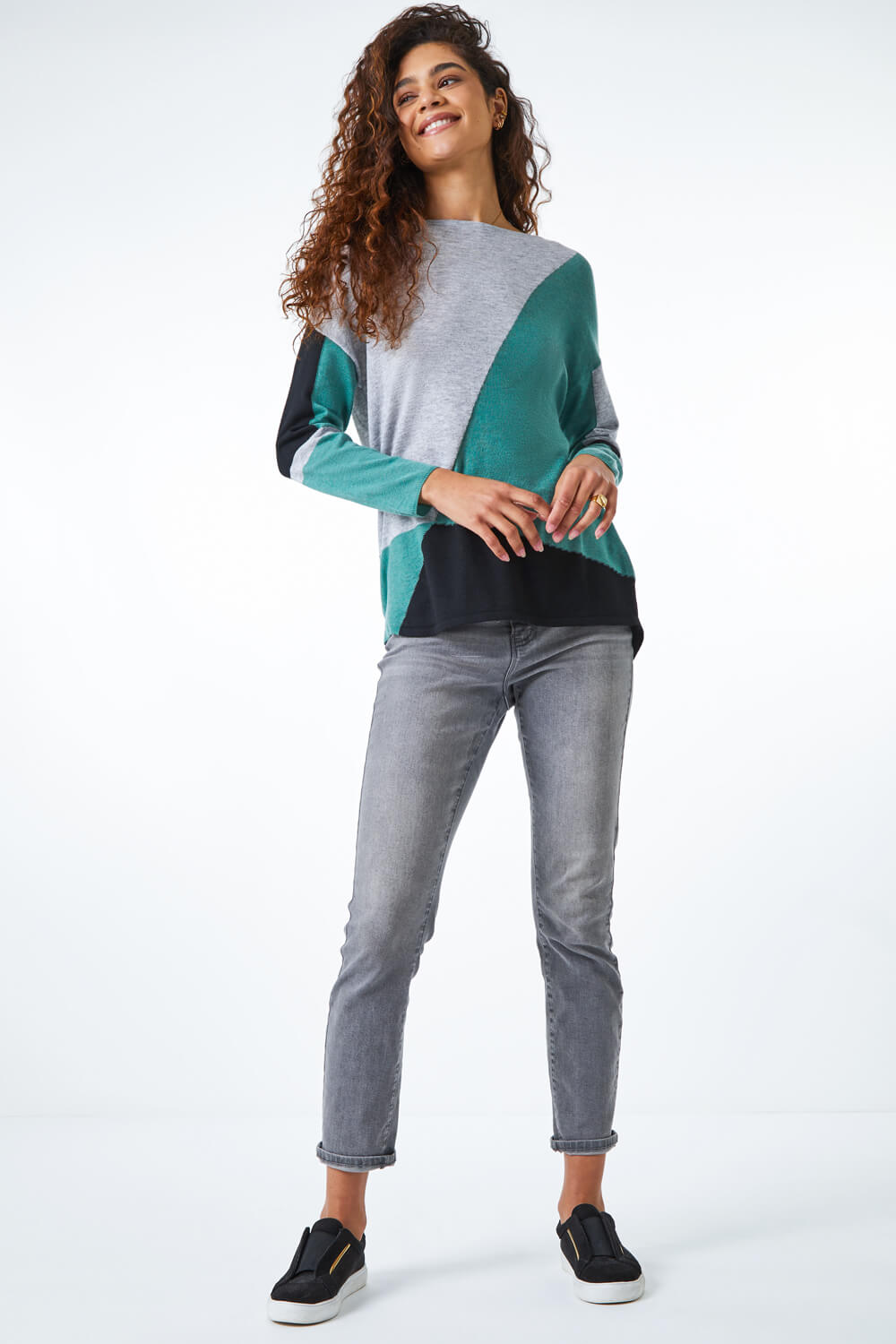 Green  Colour Block Round Neck Jumper, Image 5 of 5