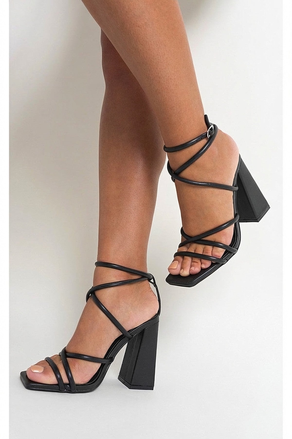 Black iKrush Black Michaela Strappy Ankle Block Heeled Sandals, Image 1 of 4
