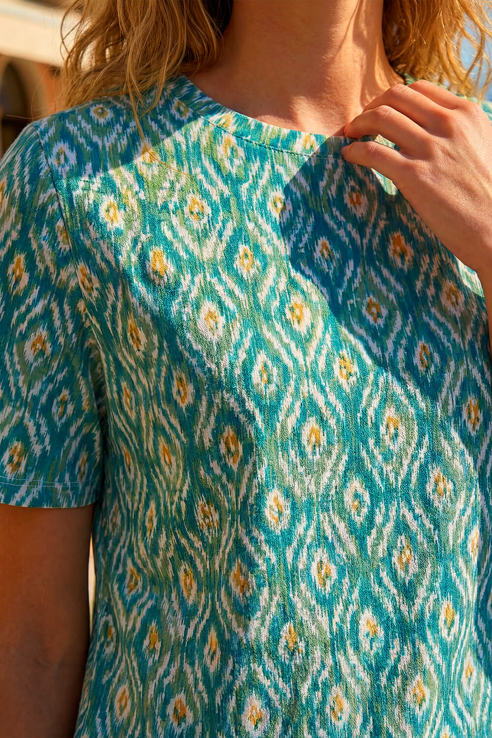 Teal Ikat Print Stretch T-Shirt, Image 5 of 4
