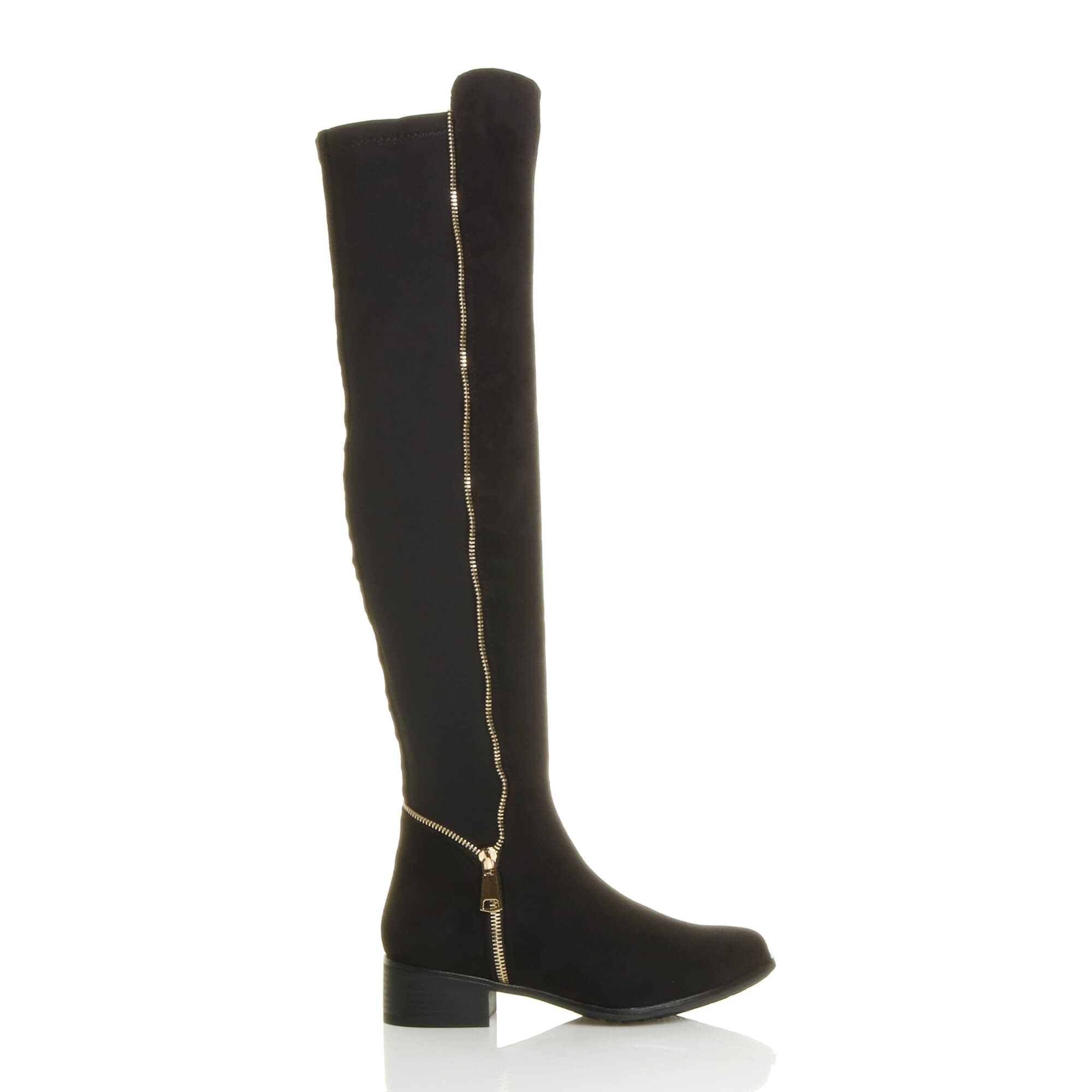 Black AJVANI Black Elastic Gold Zip Over The Knee Boots, Image 2 of 6