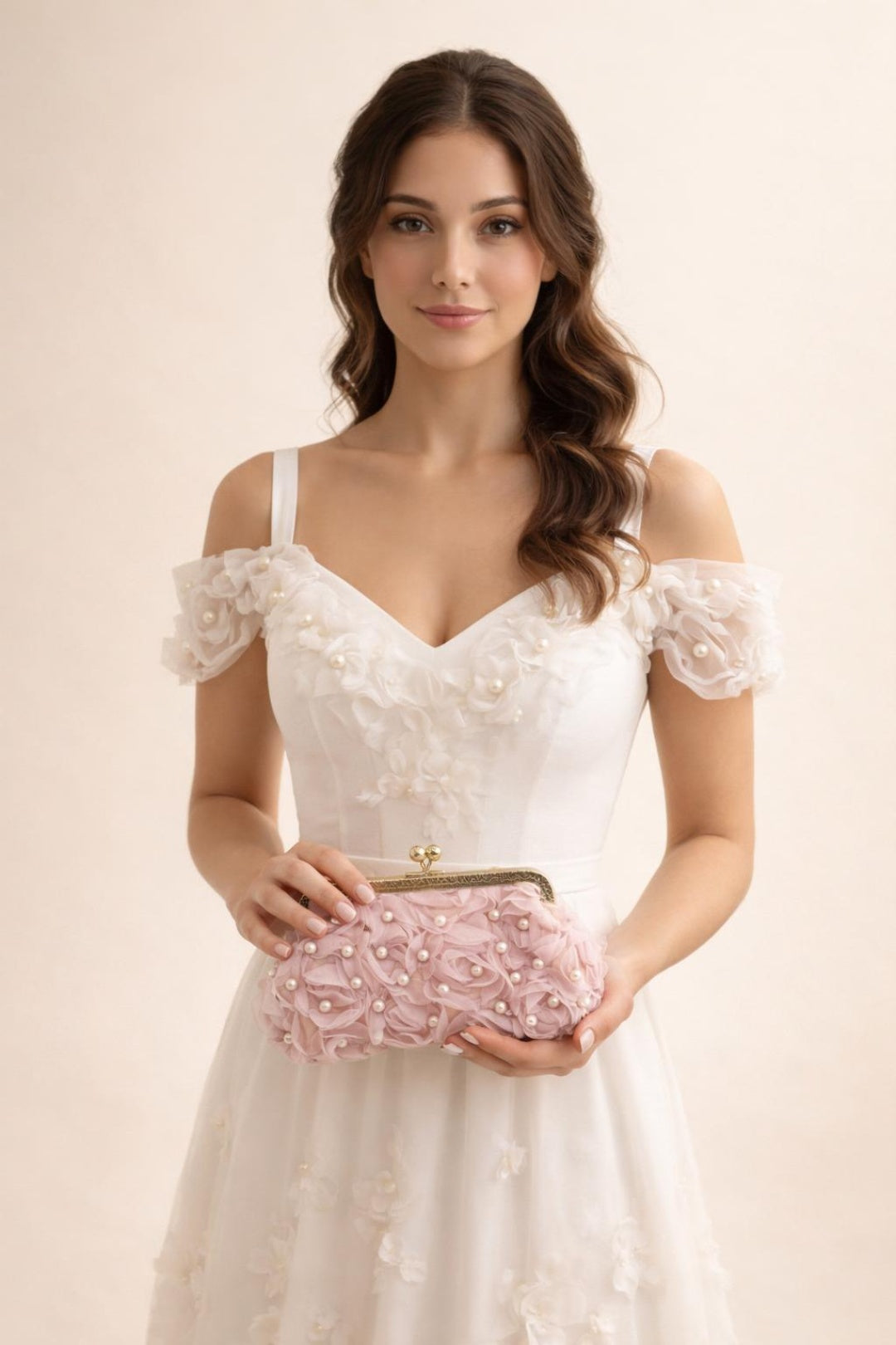 Pink Lace Floral Clutch Bag with Pearl, Image 1 of 5