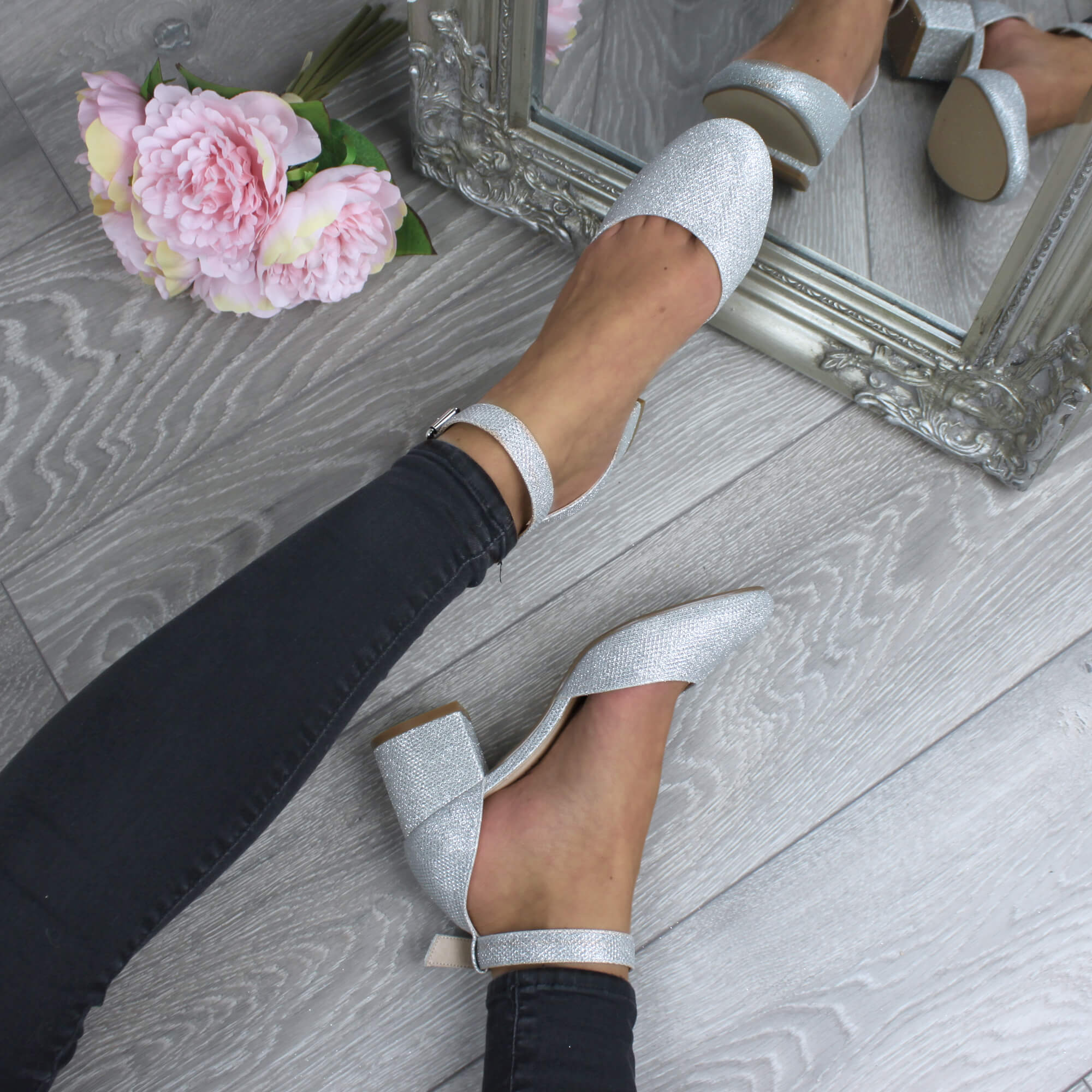 Silver AJVANI Silver Mid Block Heel Ankle Strap 2 Part Heels, Image 5 of 6