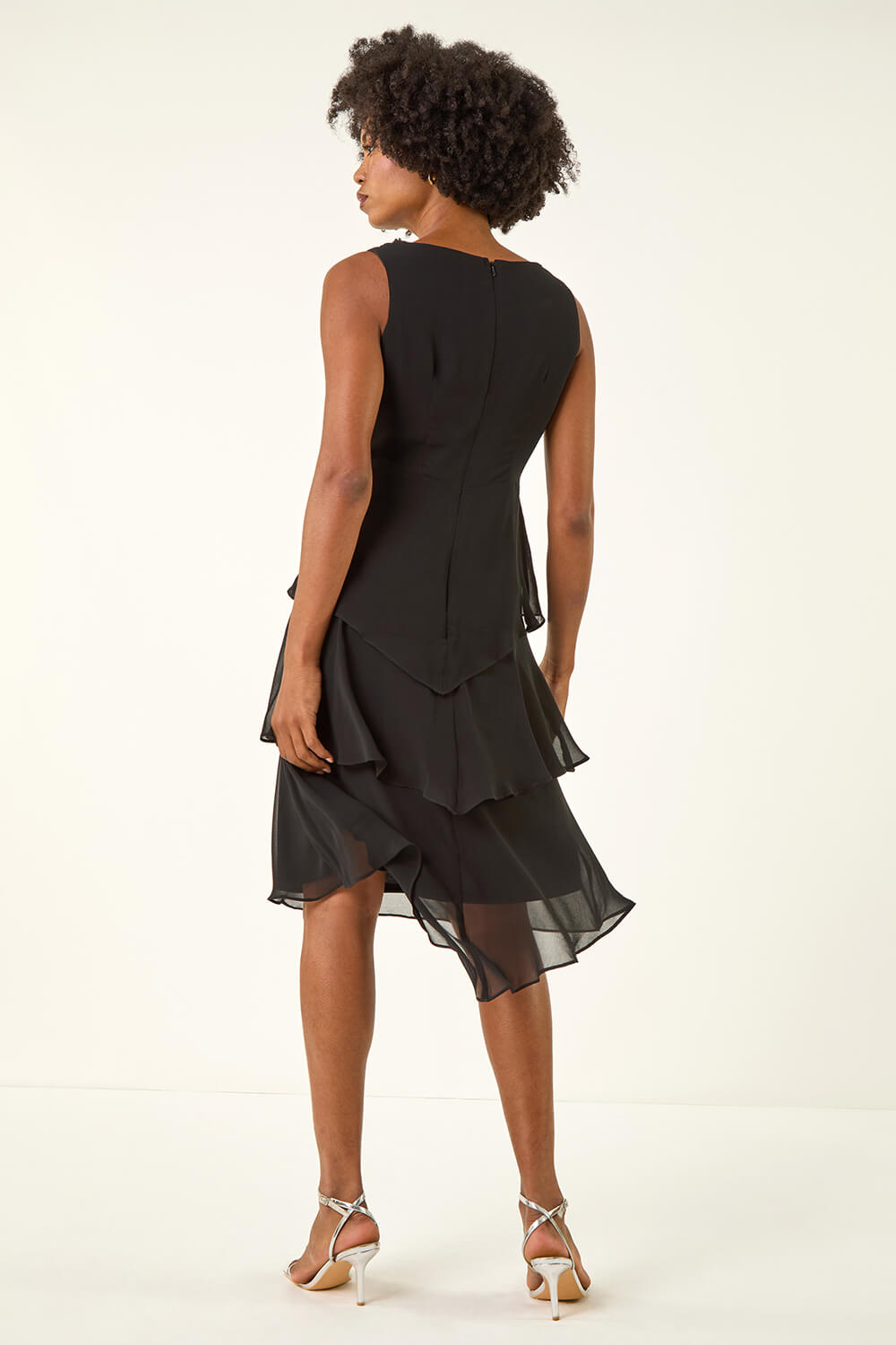 Black Embellished Neck Tiered Chiffon Dress, Image 4 of 5