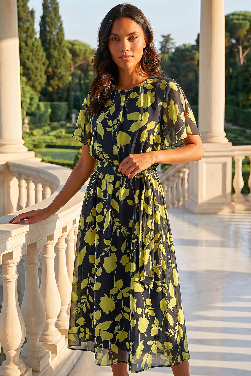 Navy Floral Split Sleeve Midi Dress , Image 1 of 4