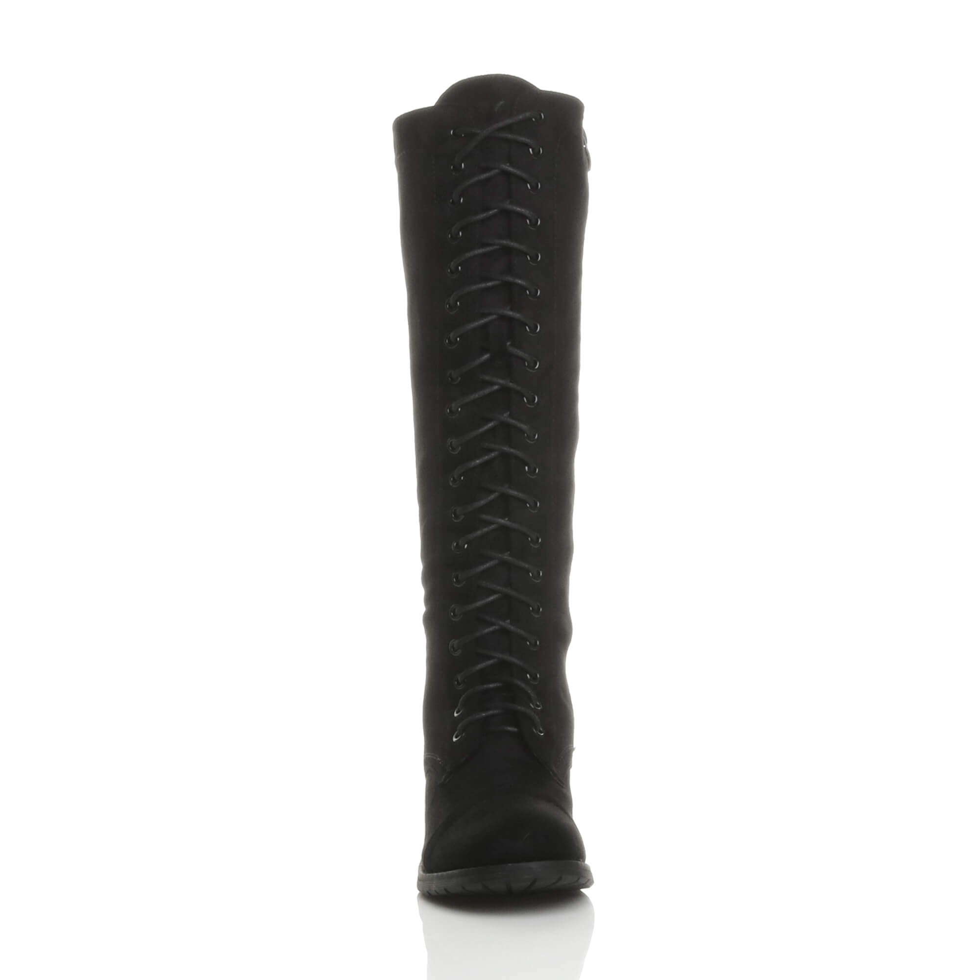 Black AJVANI Black Biker Lace Up Military Calf Knee Boots, Image 6 of 6