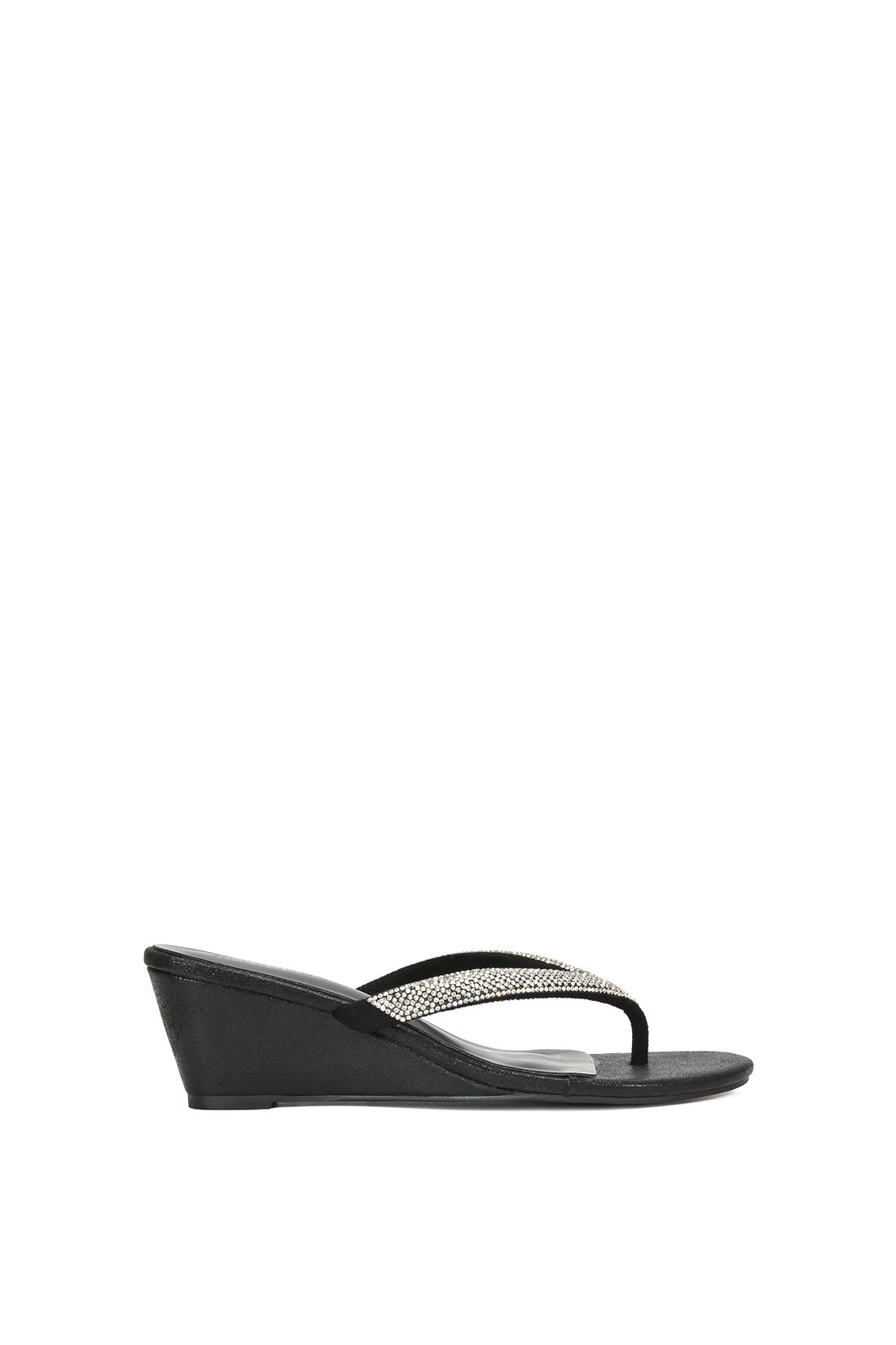 Black 'Nina' Wedge Heel Sandal Mules With Diamante Thong Strap