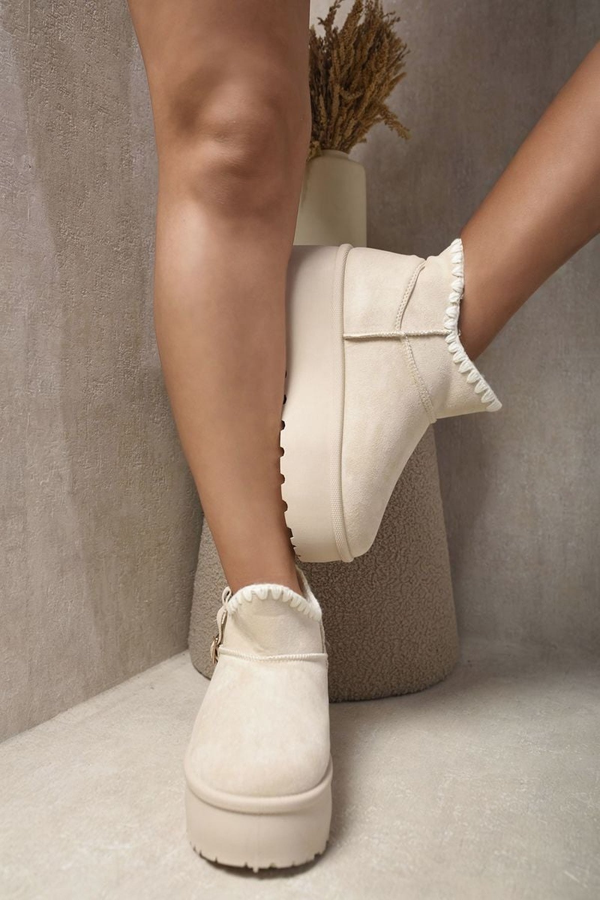Beige iKrush Beige Debra Fur-lined Platform Ankle Boots, Image 2 of 5