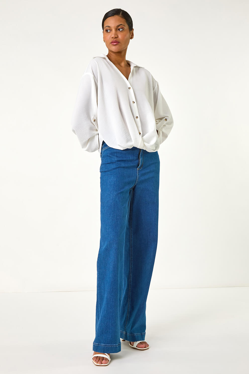Ivory  Twist Hem V-Neck Shirt, Image 3 of 5