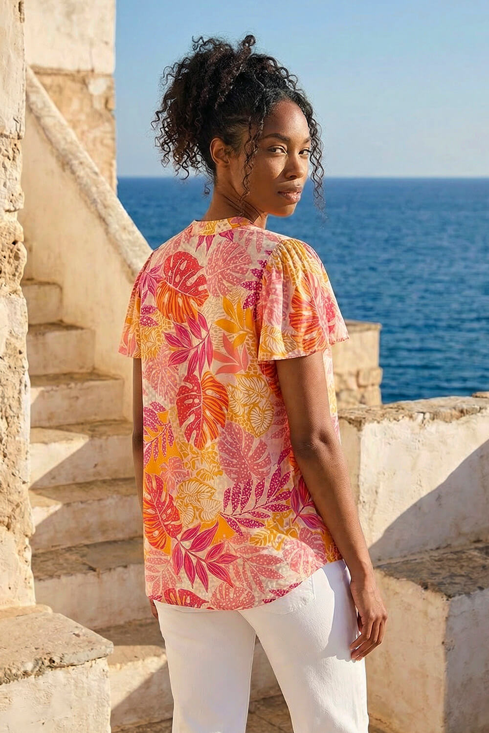 PINK Leaf Print Shirred V-Neck Top, Image 4 of 4