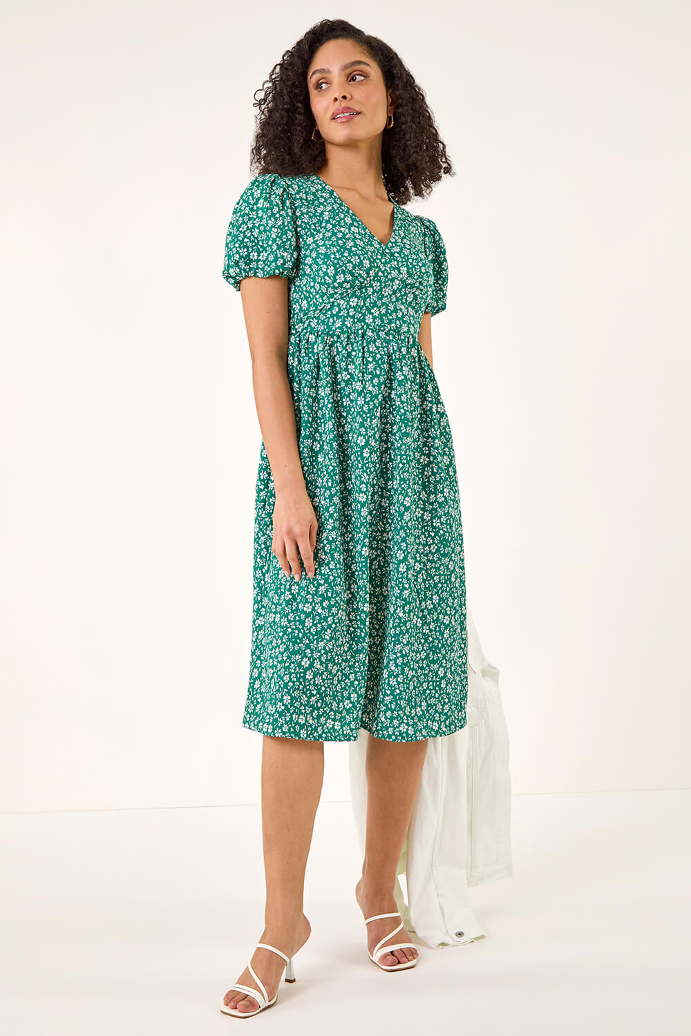 Green Ditsy Print V-Neck Midi Dress , Image 3 of 5