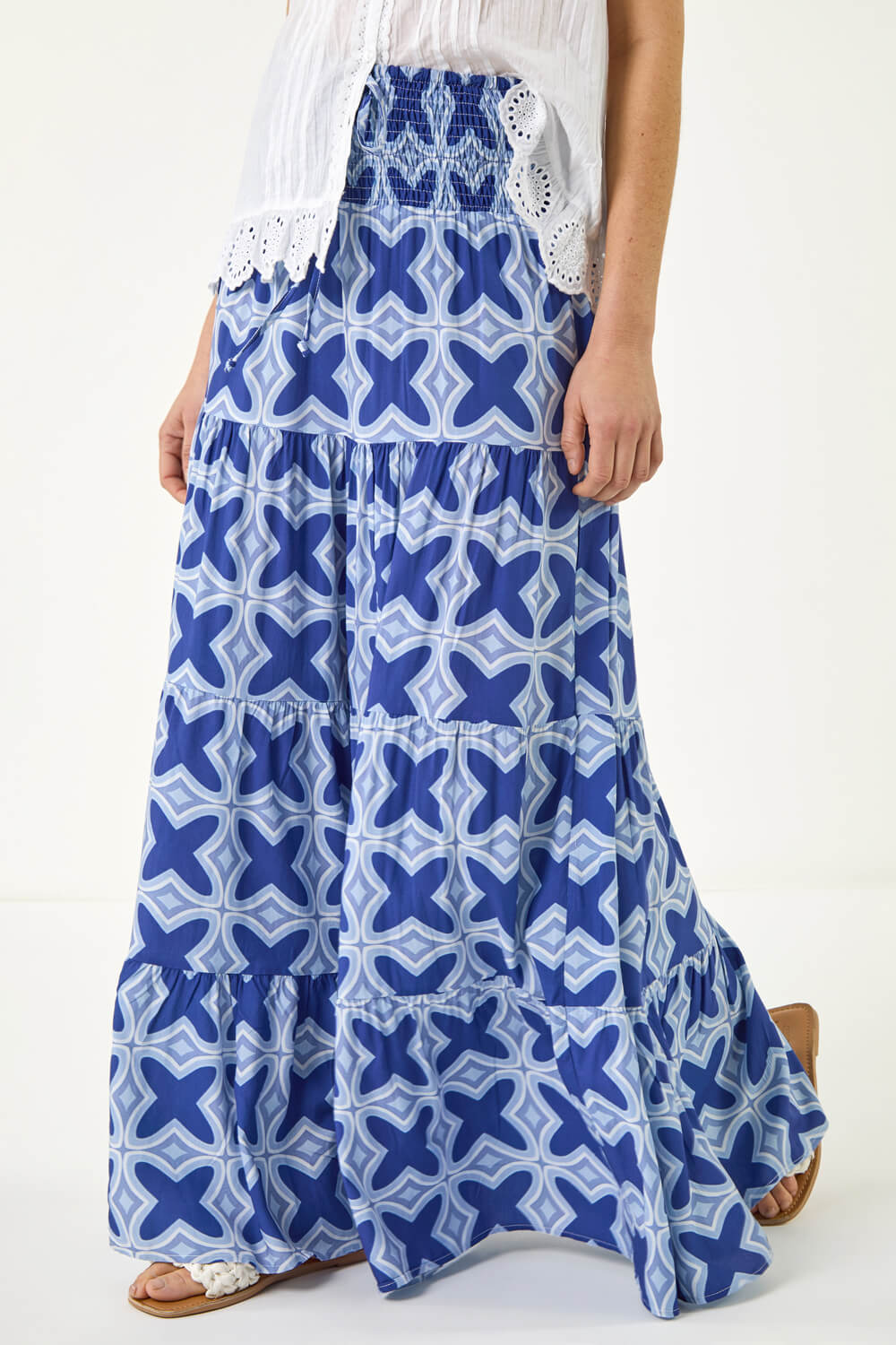Roman Women's Navy Tile Print Shirred Maxi Skirt Size 14