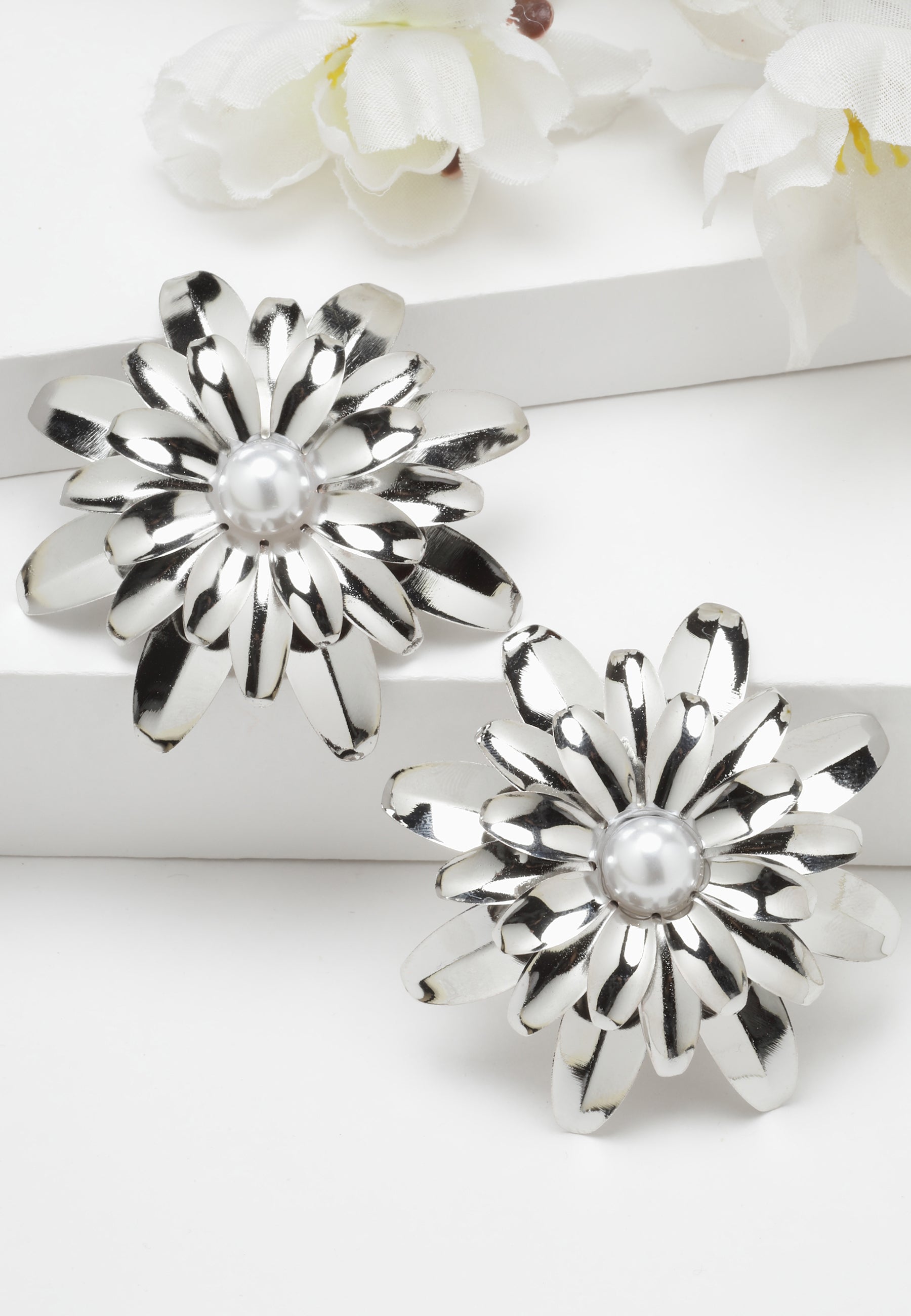 Silver Silver-Colored Floral Stud Earrings, Image 2 of 5
