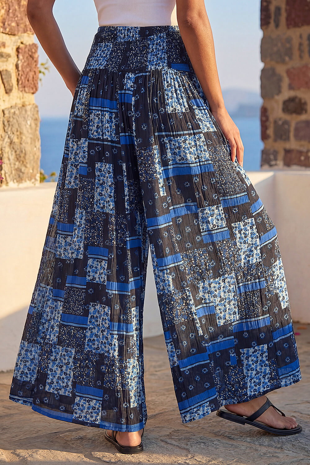 Blue Floral Tile Print Palazzo Wide Leg Trouser, Image 4 of 4