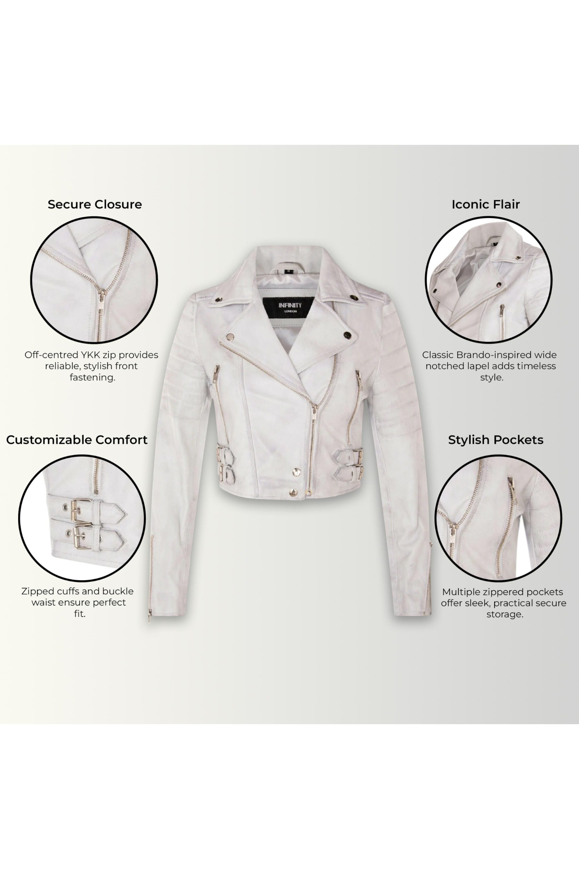 White Cropped Brando Leather Biker Jacket, Image 3 of 7