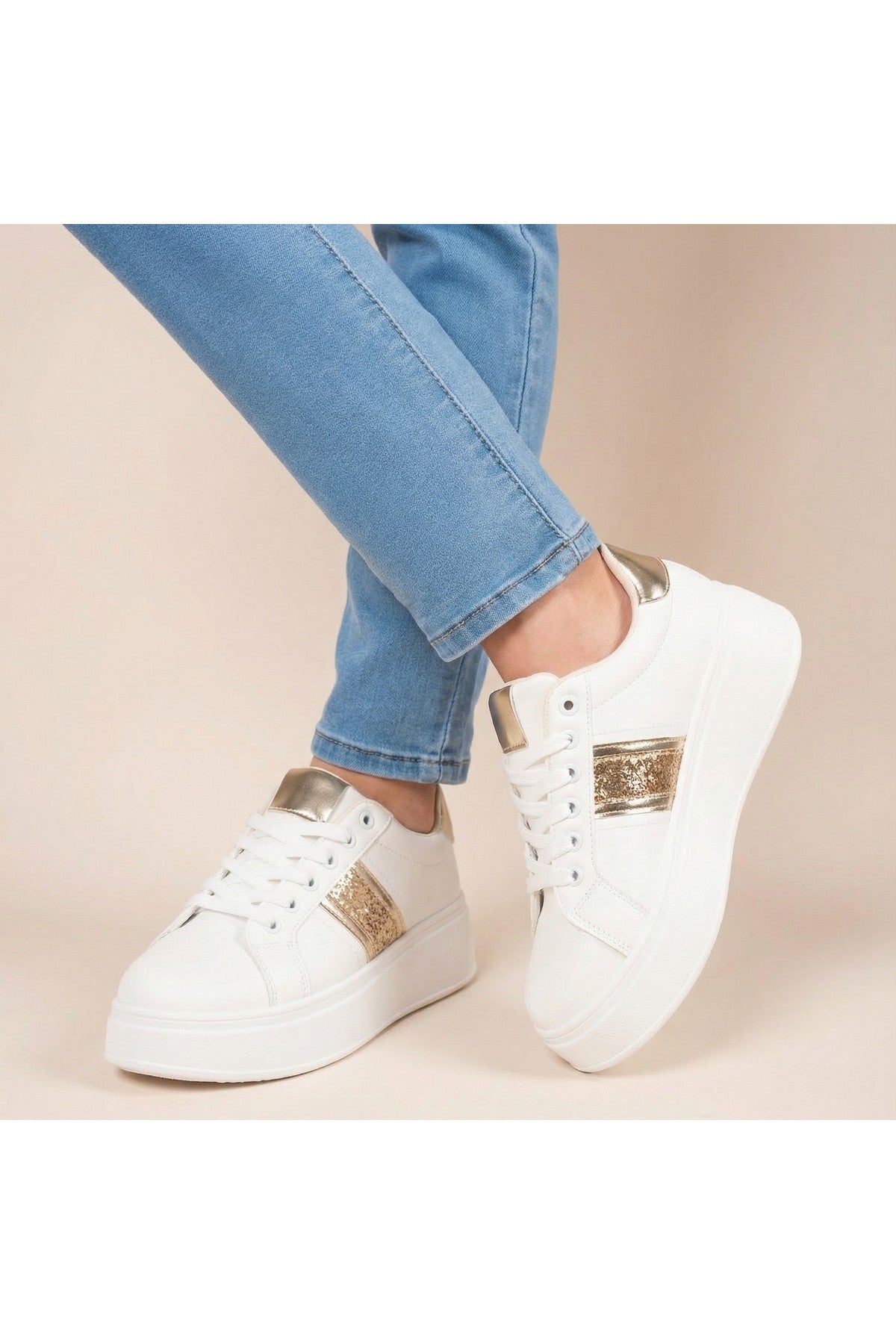 Gold iKrush Gold Malina Chunky Platform Glitter Detail Trainers, Image 3 of 8