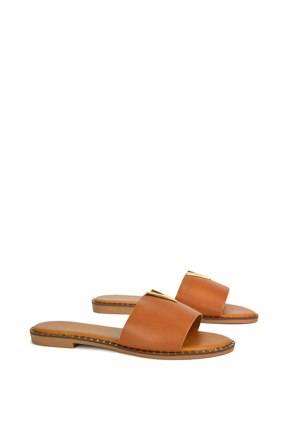 Tan XY LONDON Tan 'Rorie' Slip On Cut Out Flat Sandal Sliders, Image 3 of 5