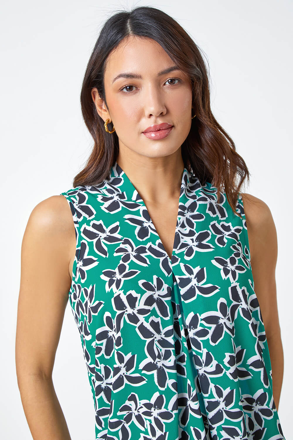 Green Sleeveless V-Neck Floral Print Stretch Top, Image 5 of 5