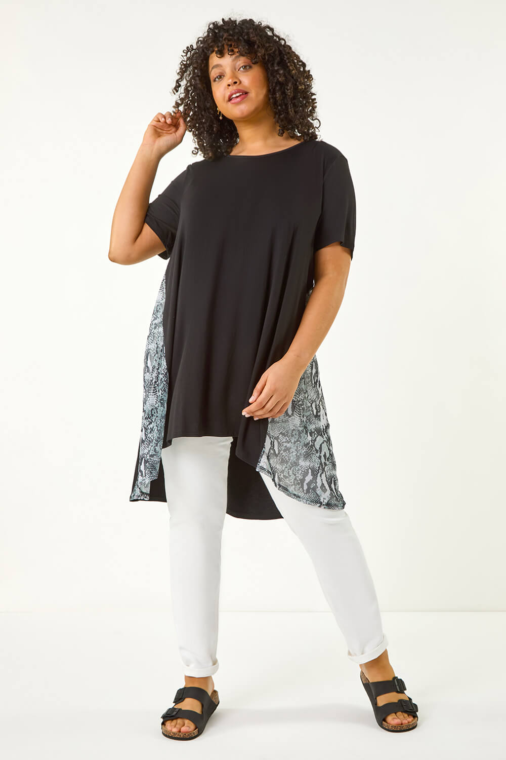 Black Curve Print Mesh Trim T-Shirt, Image 3 of 5