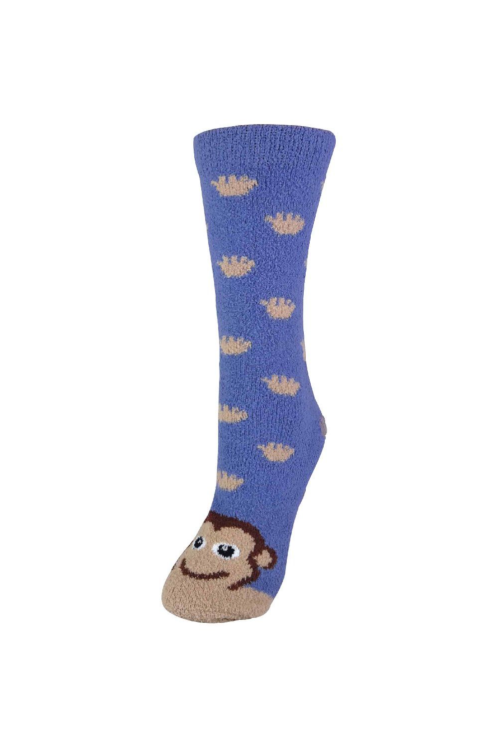 Blue 1 Pack Ladies Fluffy Animal Pattern Slipper Socks with Grips, Image 1 of 3