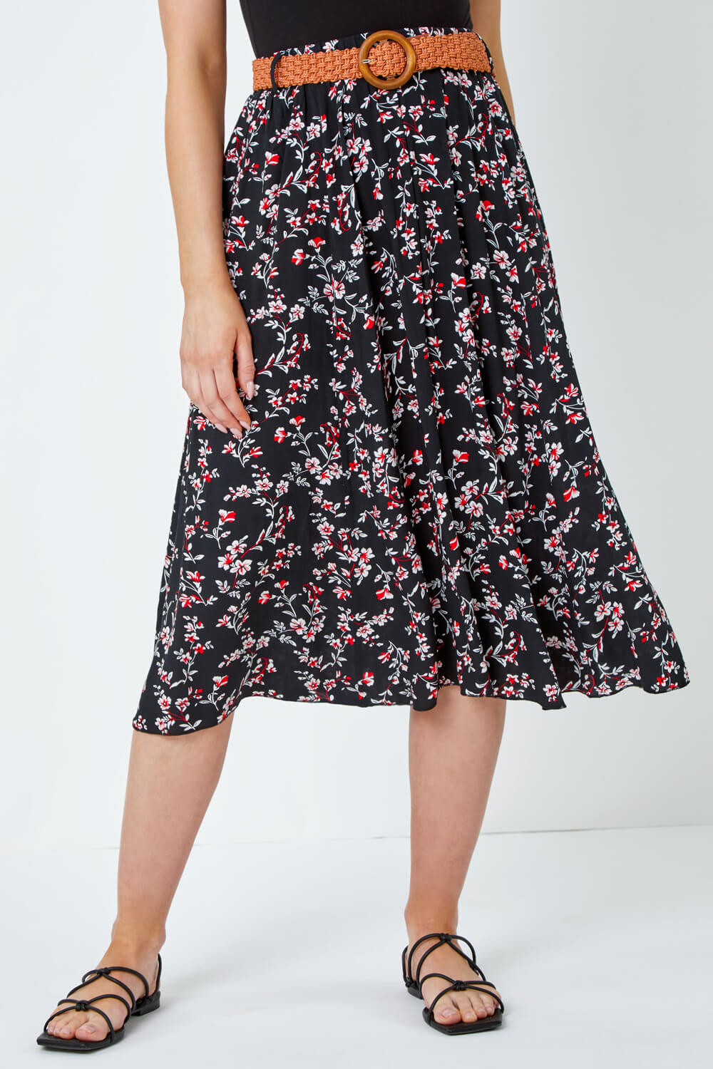 Black Floral Print Belted Midi Skirt, Image 6 of 5