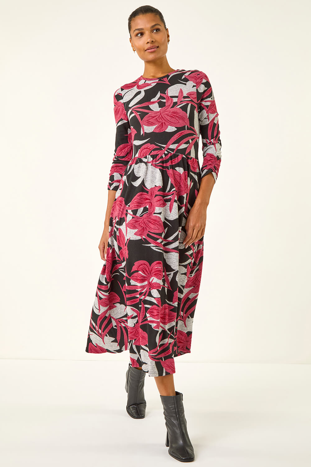 Red Floral Print Pocket Midi Dress, Image 3 of 5