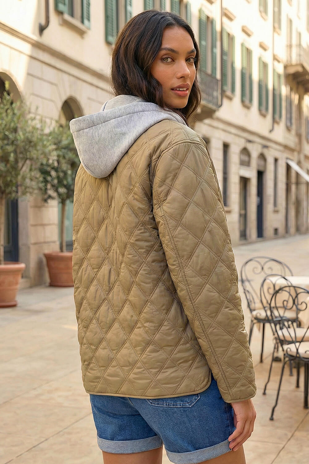Khaki Quilted Hooded Jacket , Image 4 of 4