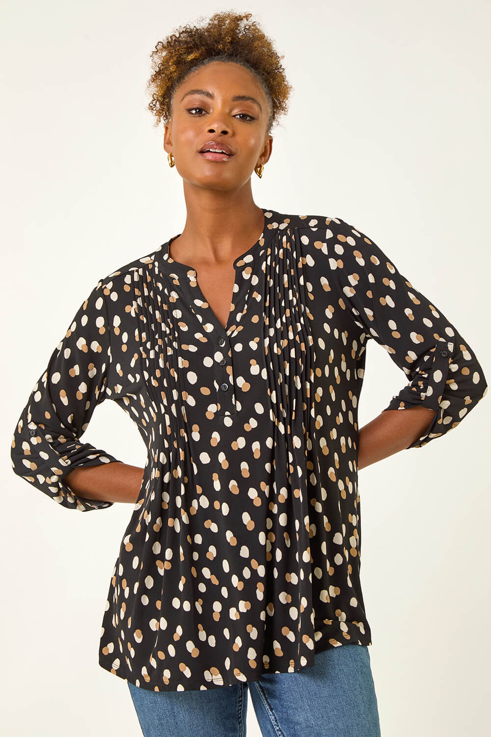 Black Spot Print V-Neck Stretch Shirt , Image 5 of 5