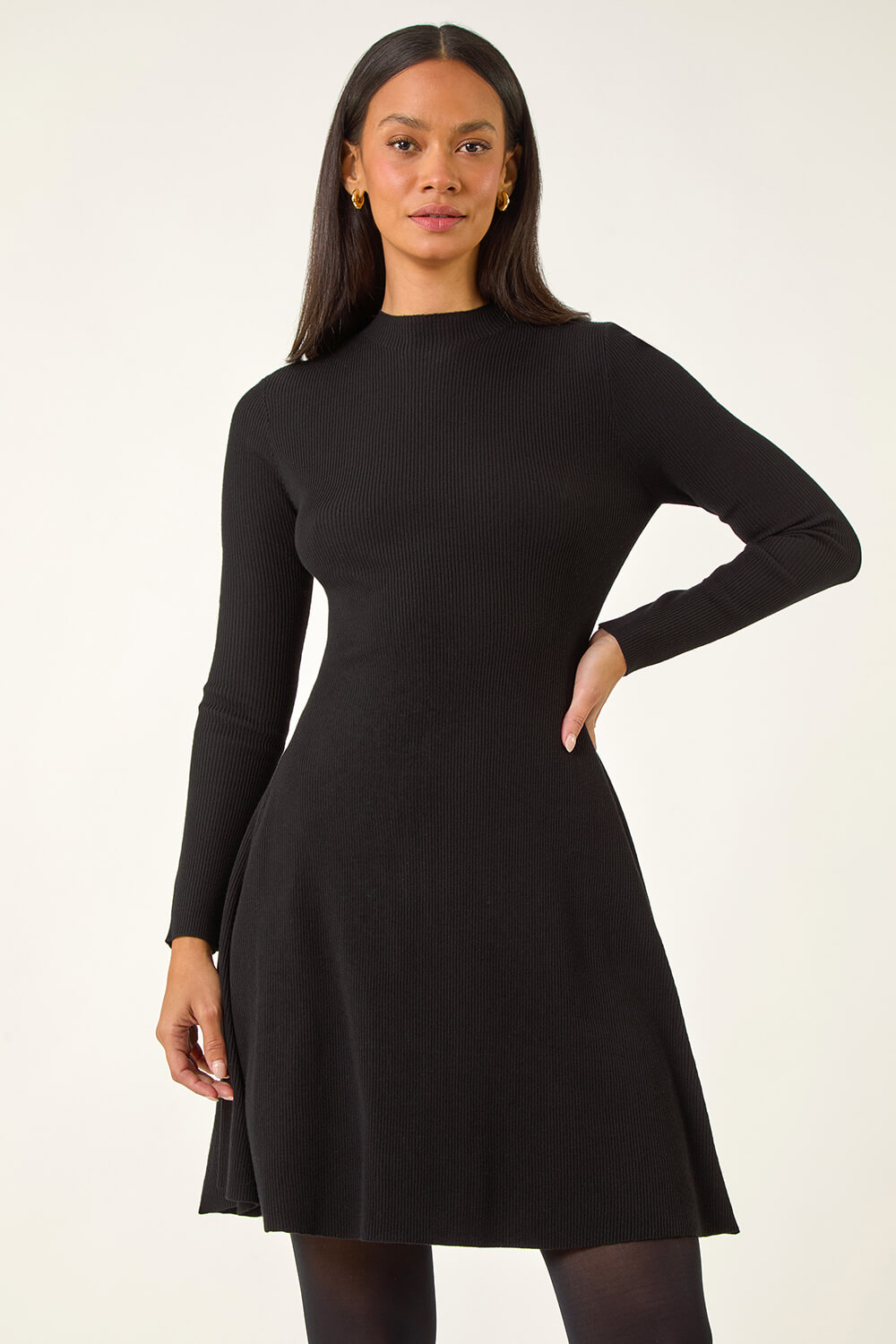 Black Dusk Ribbed Skater Jumper Dress, Image 4 of 7