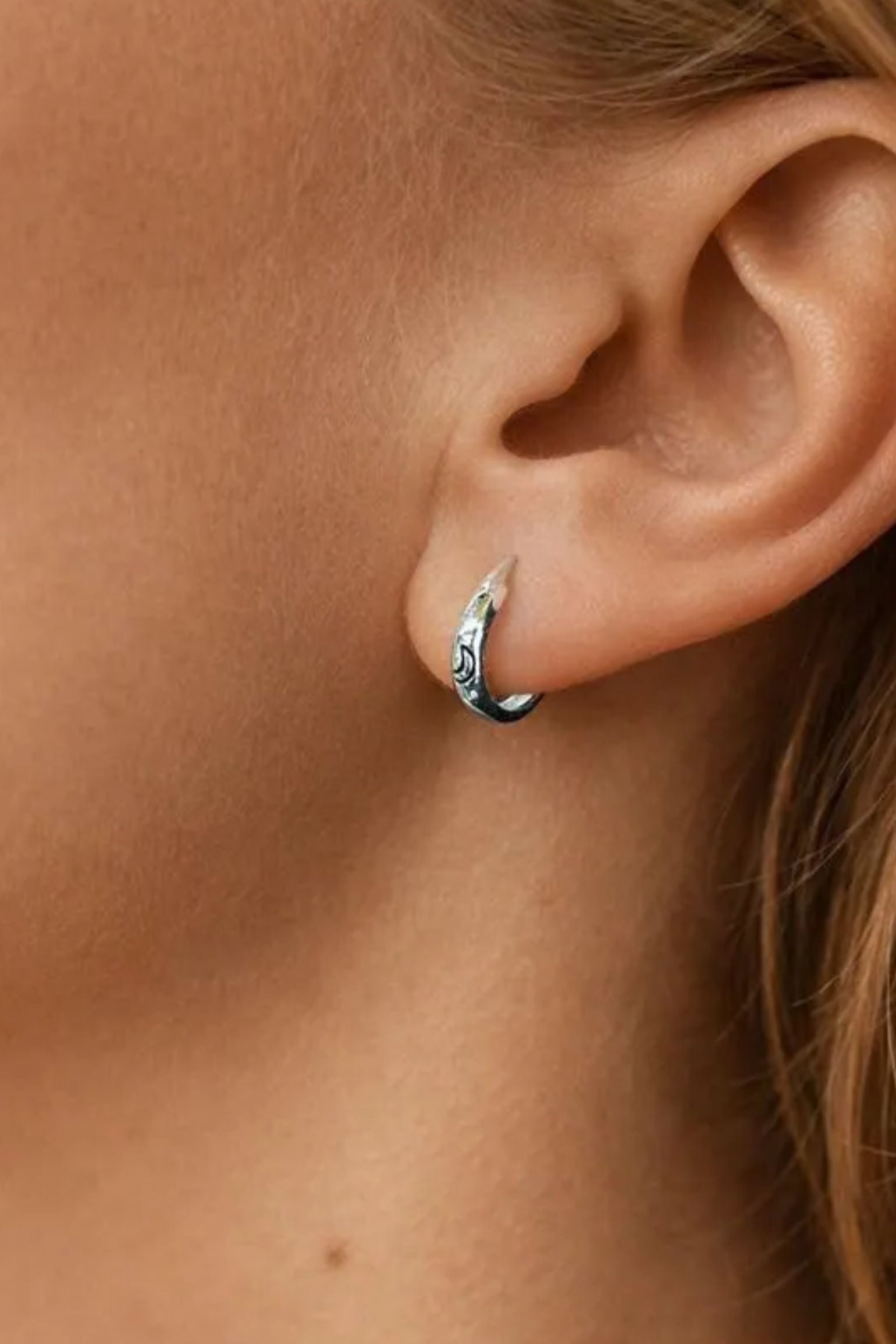 Silver Sterling Silver Engraved Moon Hoops, Image 2 of 3