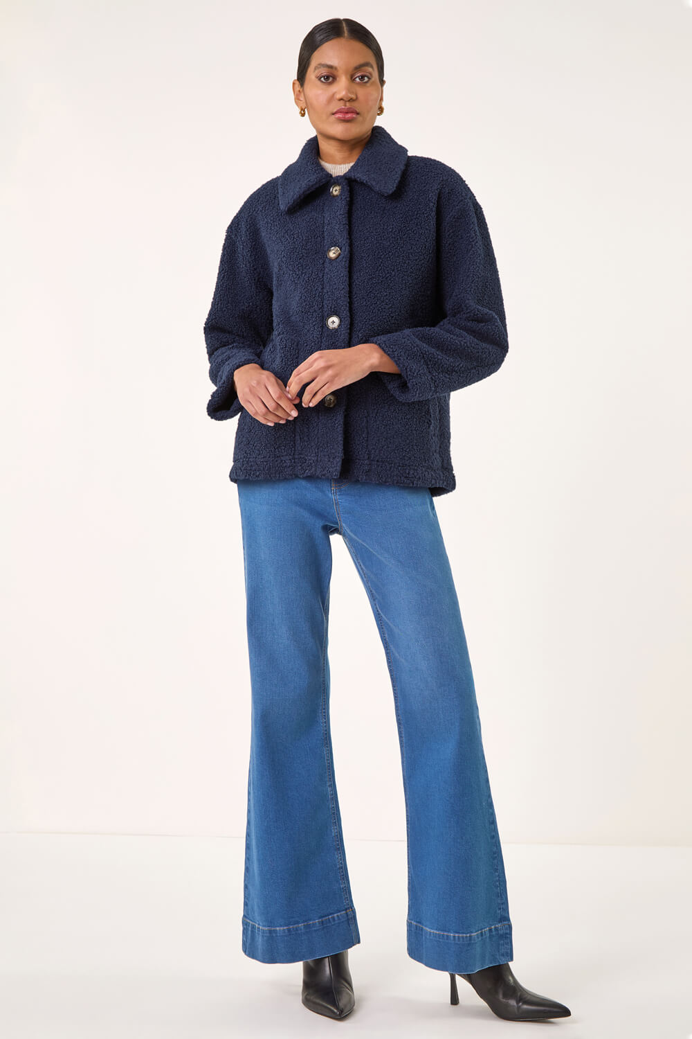 Navy  Collared Borg Fleece Jacket, Image 3 of 5