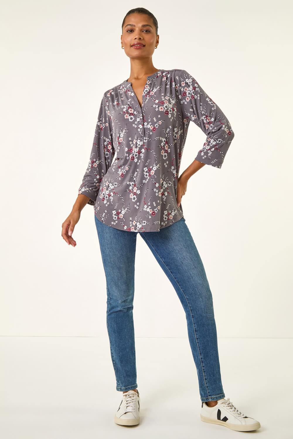 Grey Floral Puff Print Stretch Shirt, Image 3 of 5