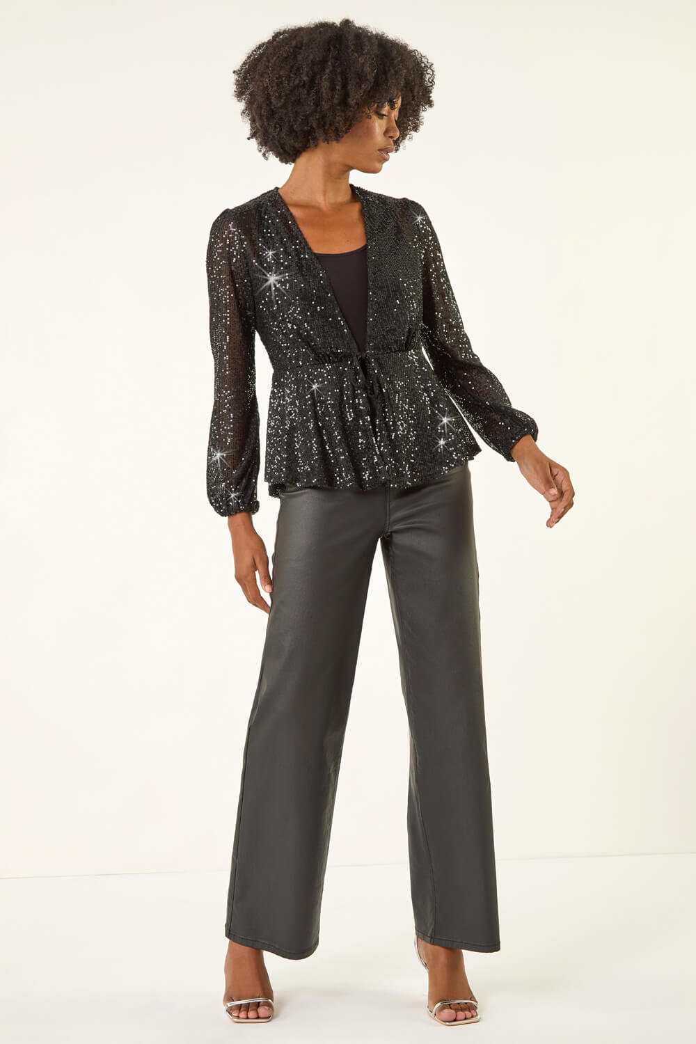 Black Sequin Tie Front Stretch Top, Image 3 of 5
