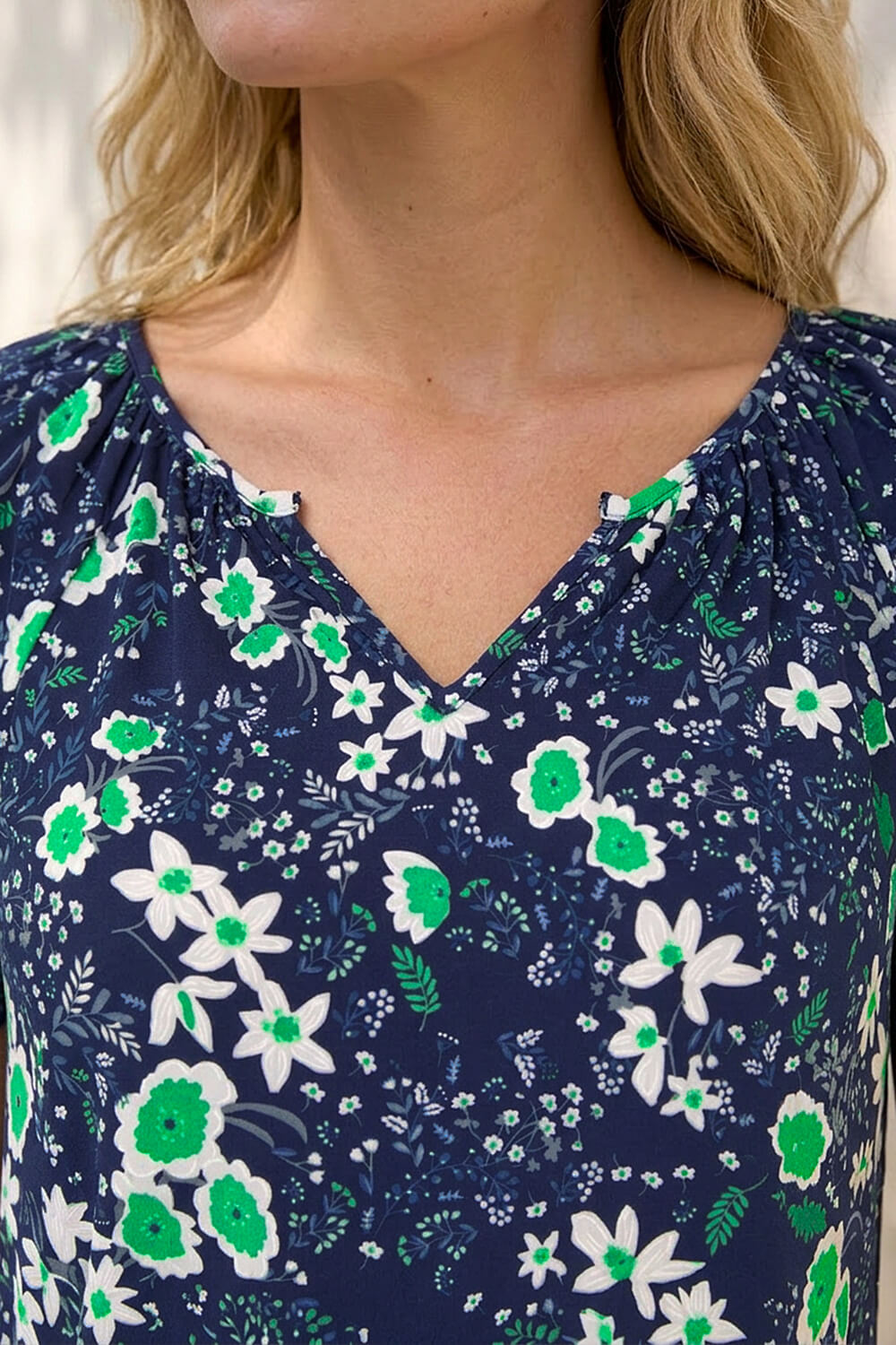 Green Floral Gathered V-Neck Top, Image 5 of 4