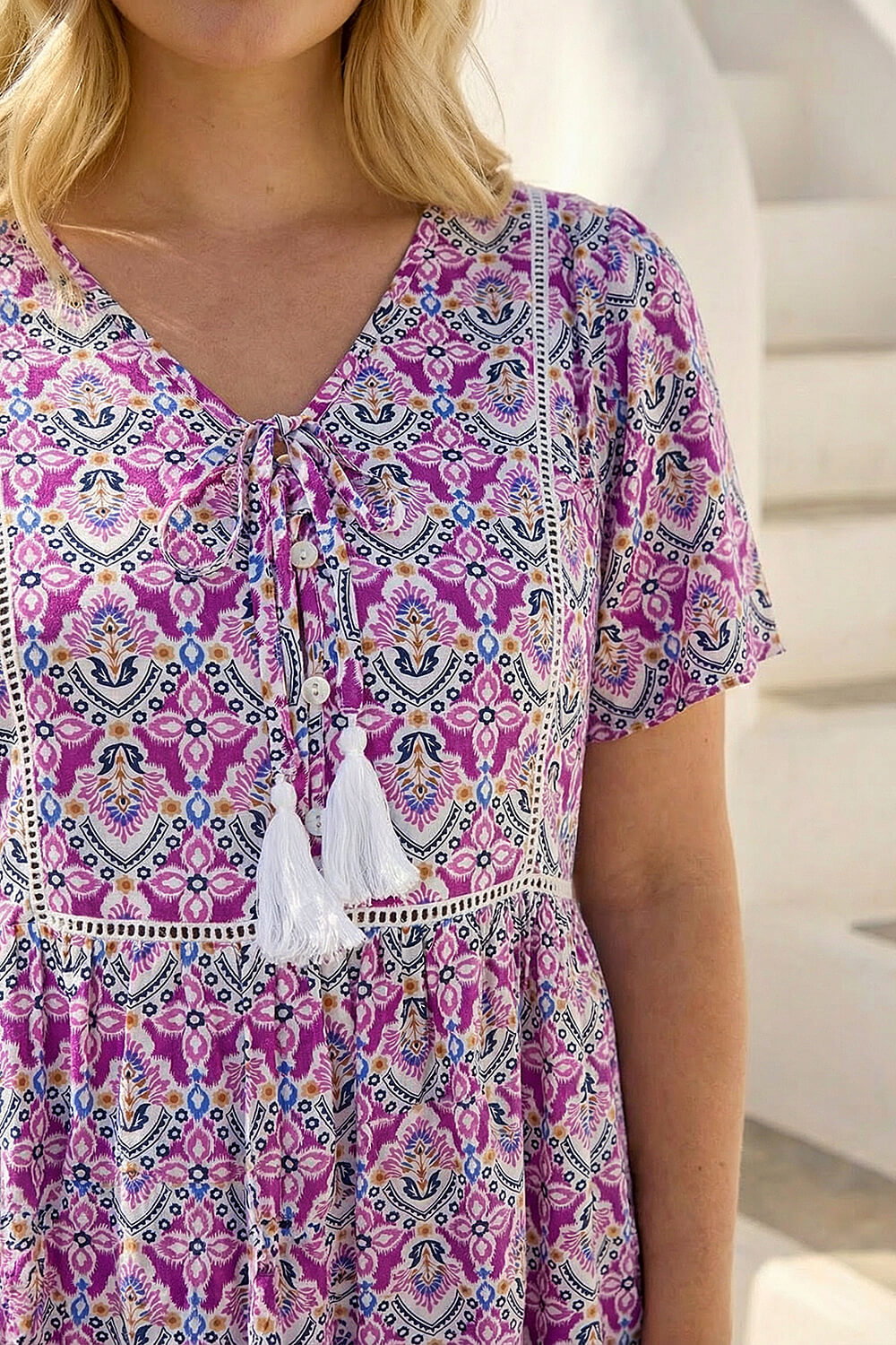 Purple Curve Tie Front V-Neck Boho Printed Top, Image 5 of 4