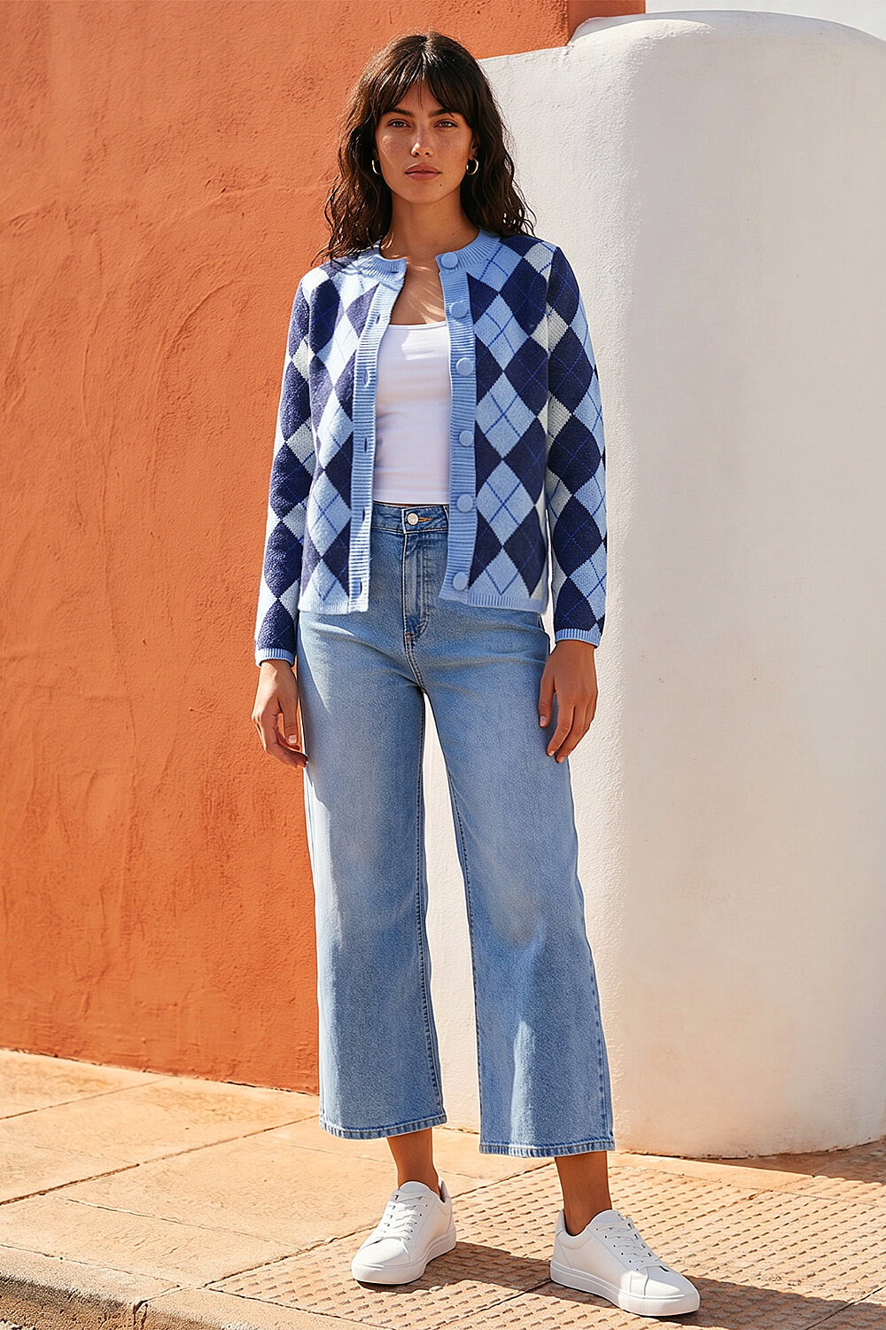 Blue Argyle Buttoned Knit Cardigan, Image 3 of 4