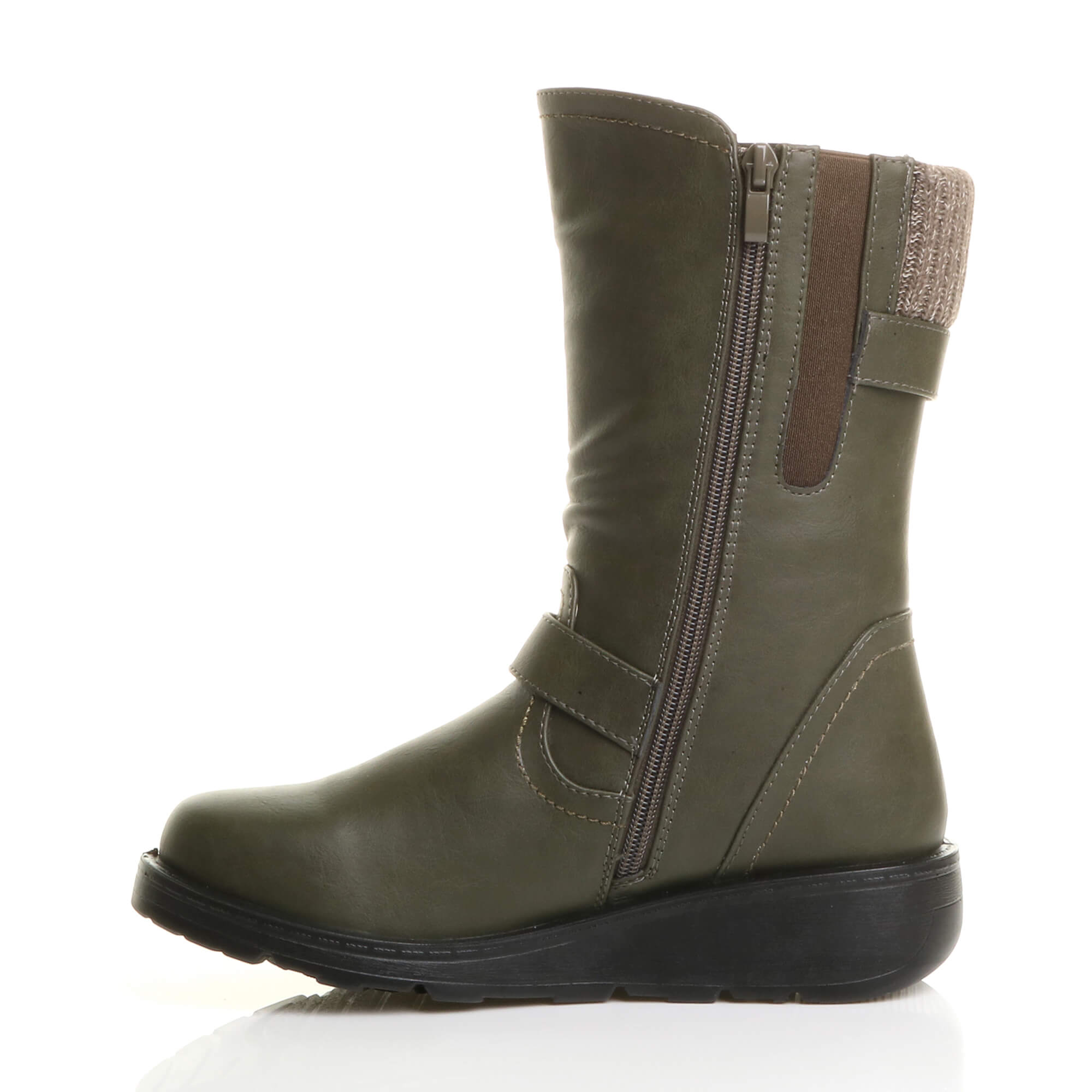 Khaki Low Wedge Heel Comfort Calf Biker Boots, Image 3 of 6