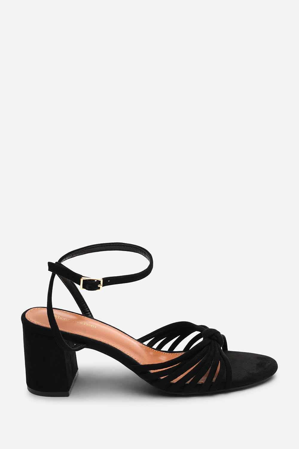Black Blossy Knotted Block Heel Sandal With Ankle Strap, Image 2 of 6