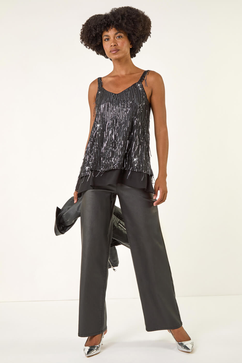 Dark Grey Tassel Sequin Chiffon Top, Image 3 of 5